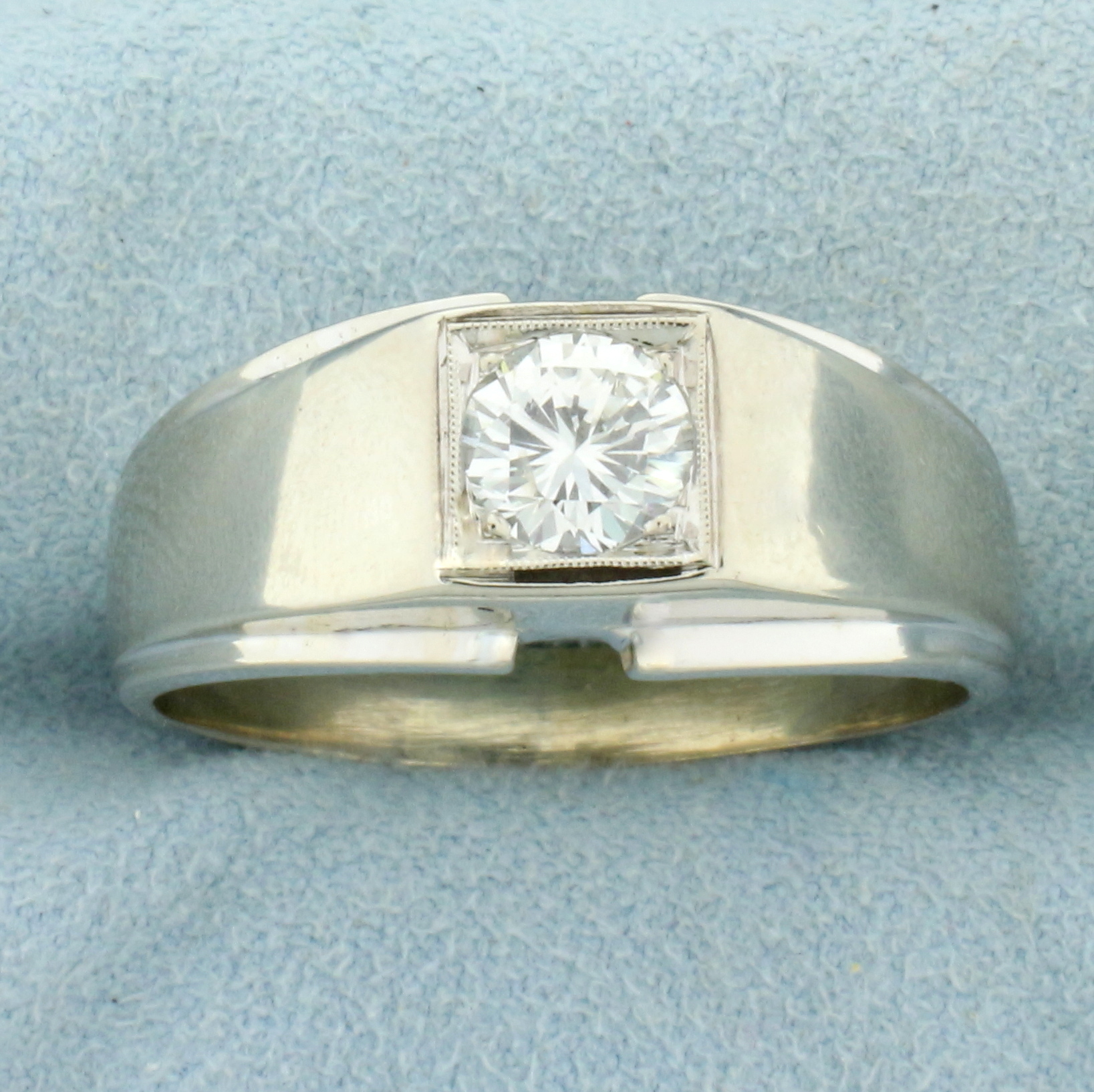 Mens 1ct Diamond Solitaire Ring in 14K White Gold