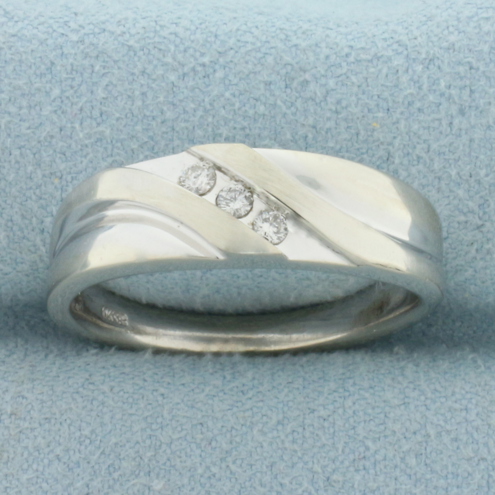 Mens 3 Stone Diagonal Diamond Wedding or Anniversary Band Ring in 10k White Gold
