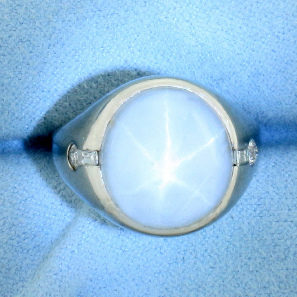 Mens Natural Star Sapphire and Diamond Ring in 18k White Gold