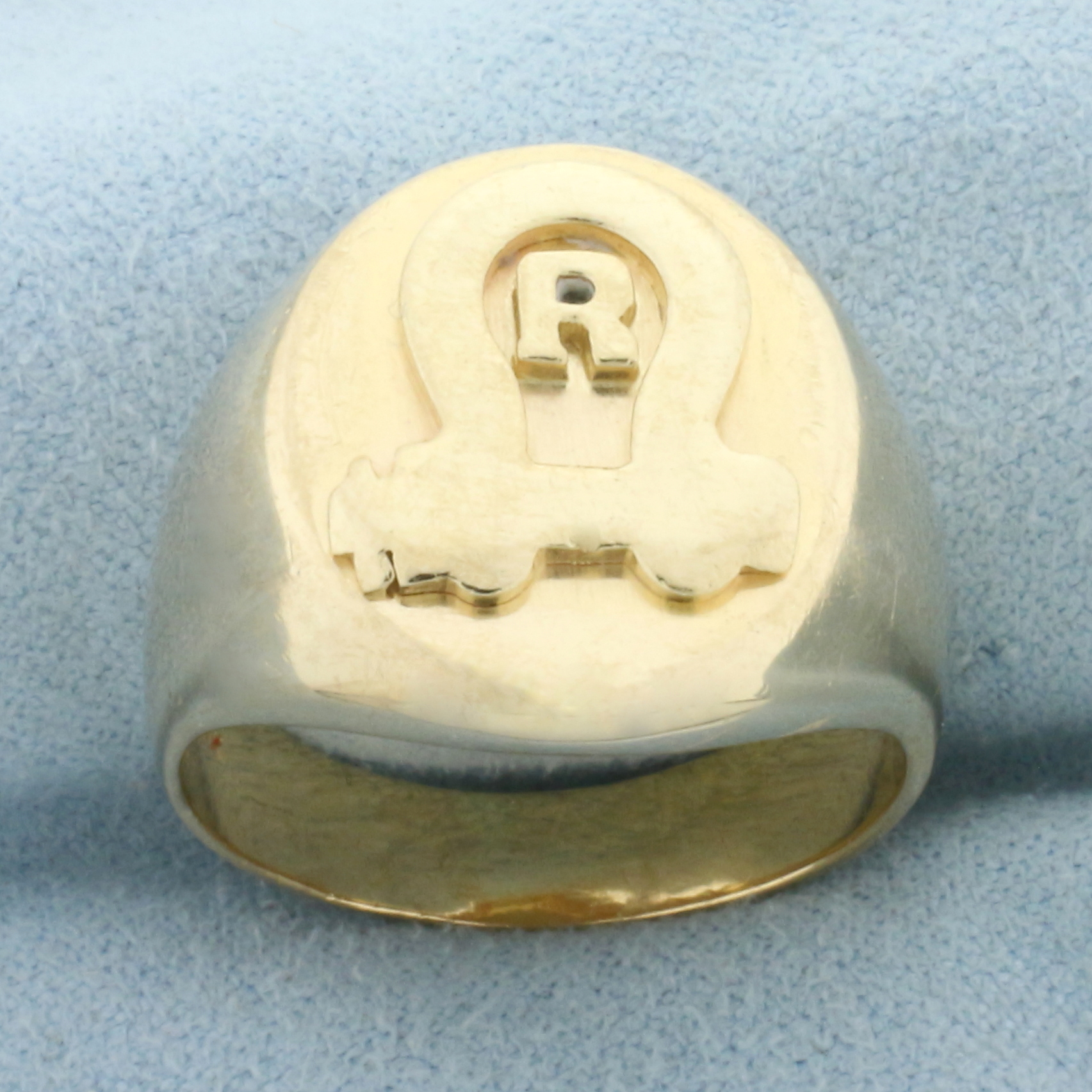 Mens R Initial Monogram Signet Ring in 14k Yellow Gold