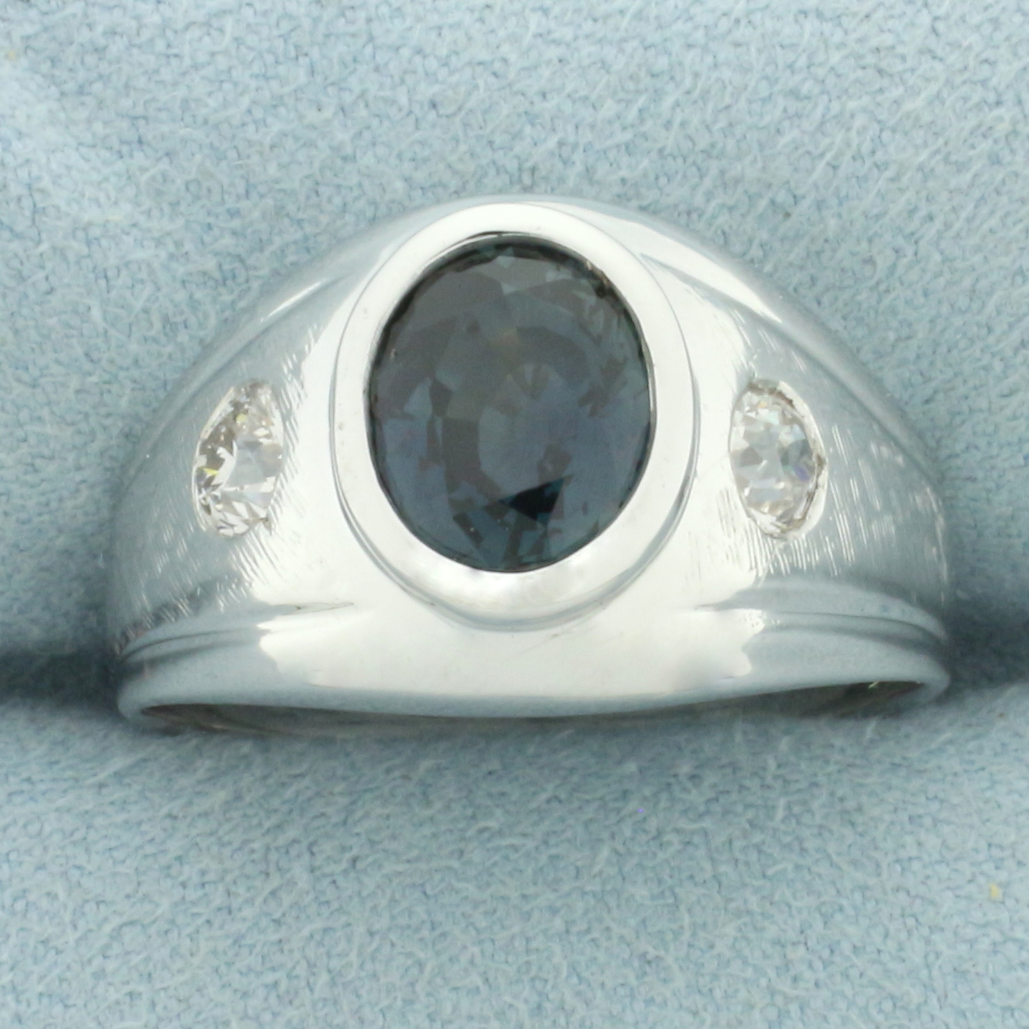 Mens Teal Sapphire and Old European Cut Diamond Ring in 14k White Gold
