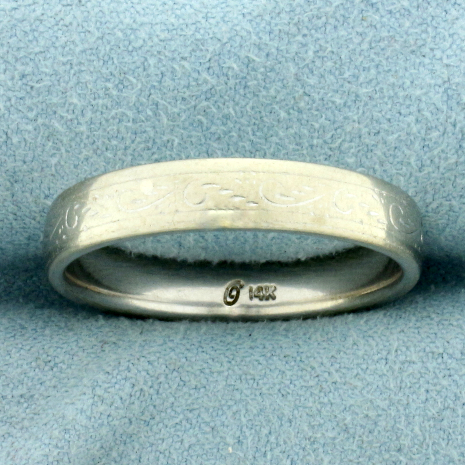 Mens Vintage Engraved Wedding Band Ring in 14k White Gold