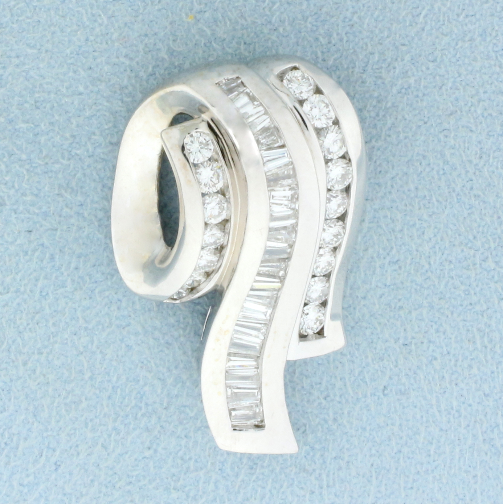 Modern Baguette and Round Diamond Pendant or Slide in 14K White Gold