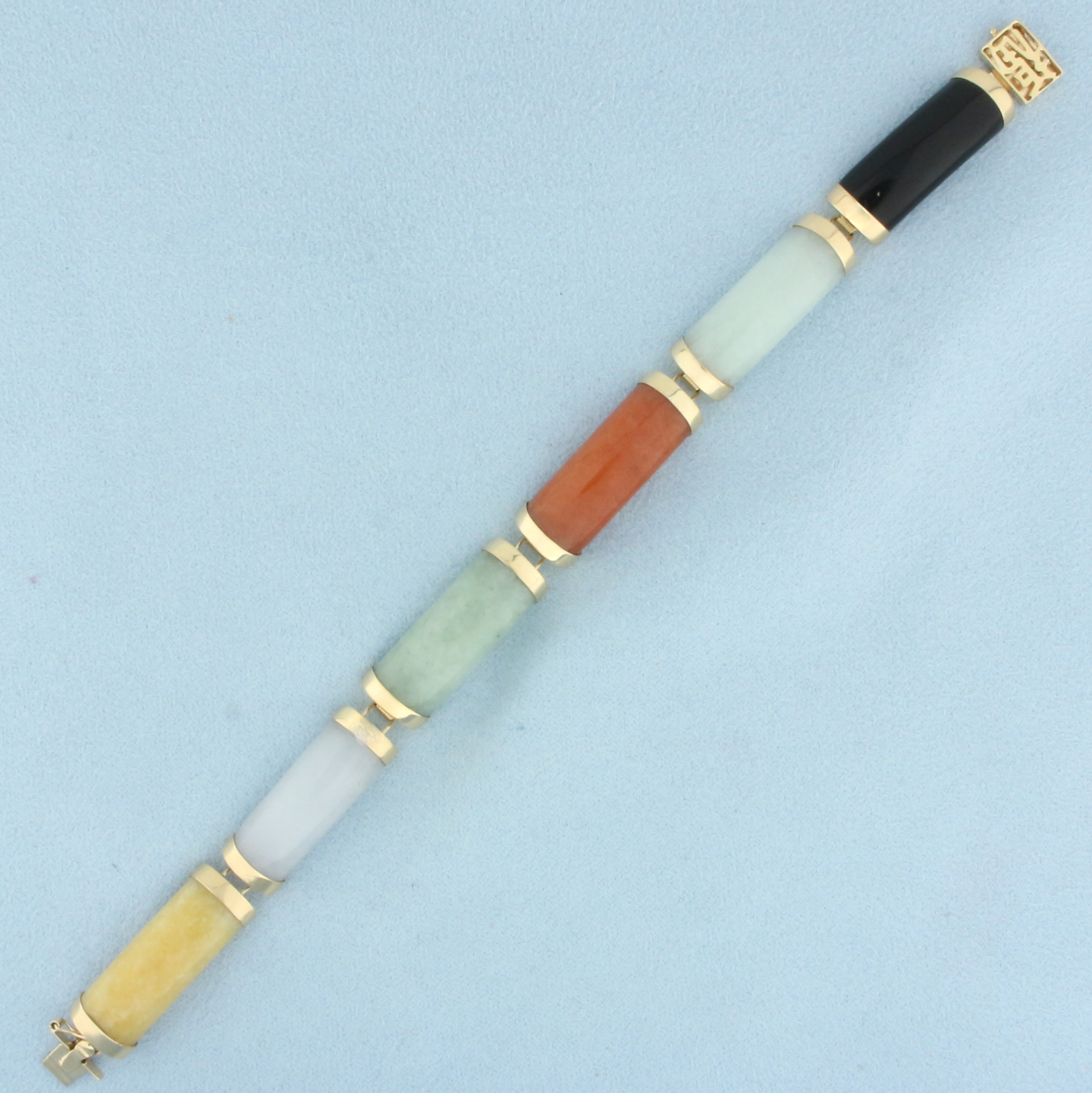 Multi Color Jade Good Fortune Link Bracelet in 14k Yellow Gold