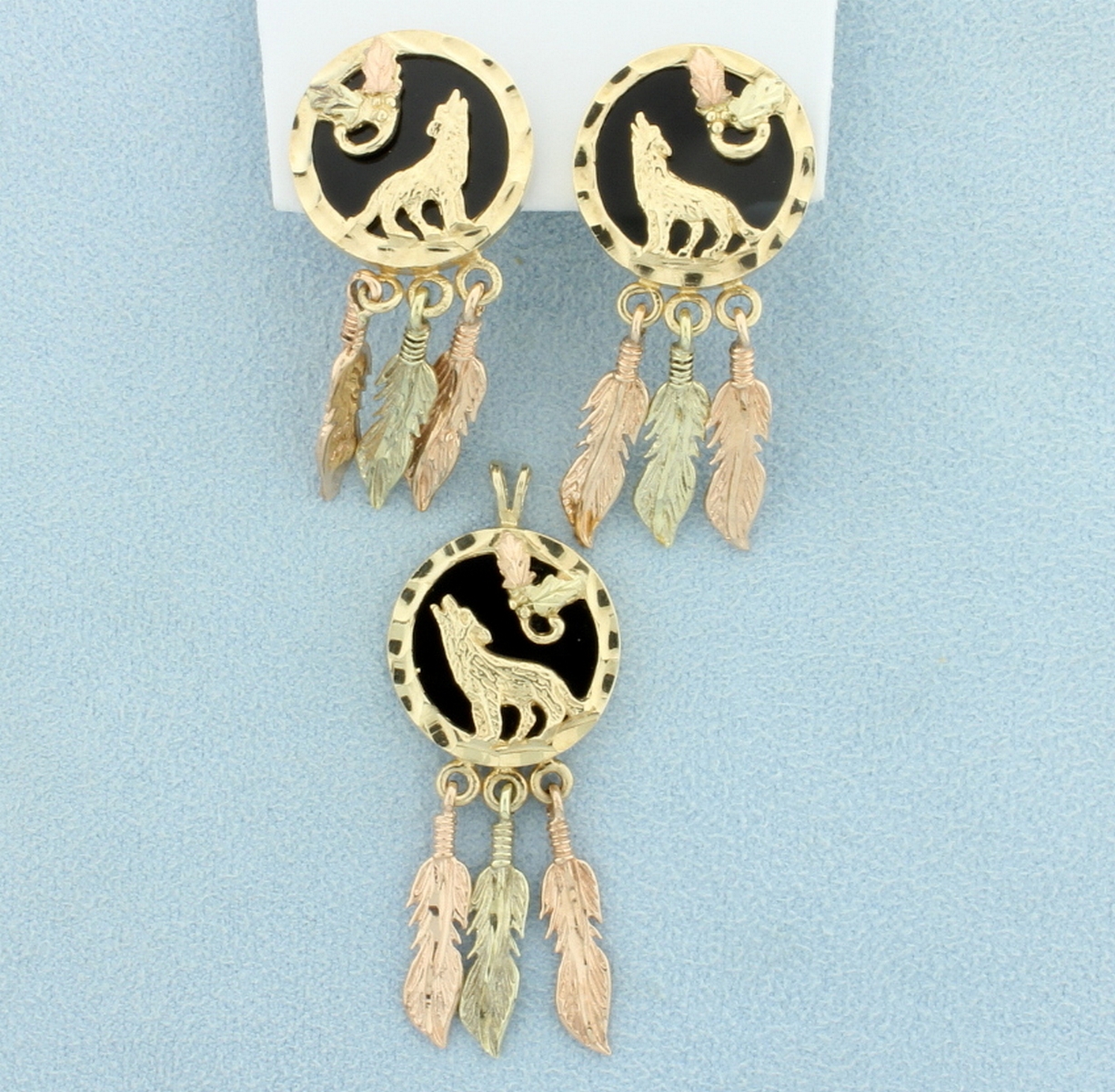 Native American Dream Catcher Dangle Pendant & Earrings Set in 10k Gold