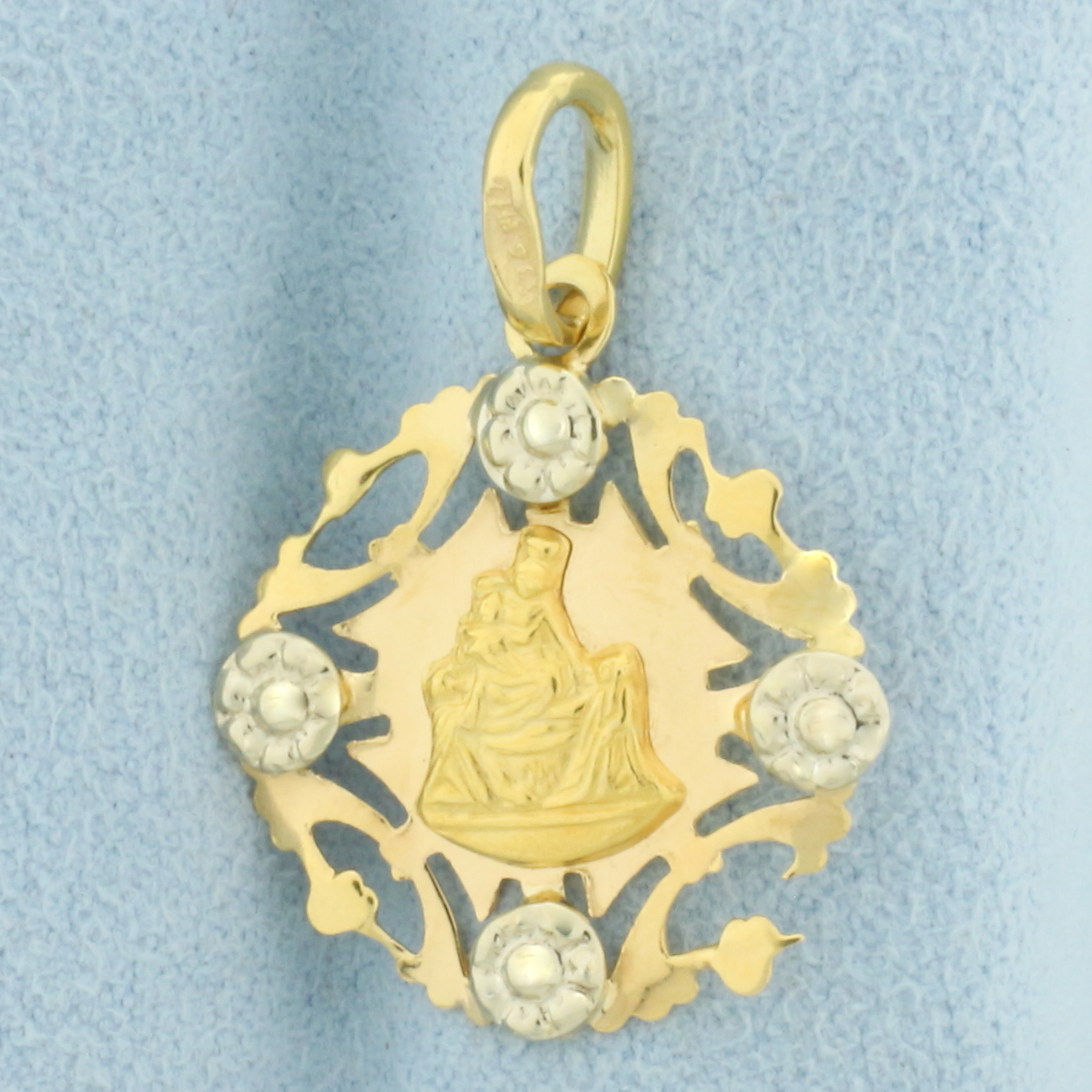 Our Lady of Pompeii Charm in 8k Yellow Gold with White Gold Accents