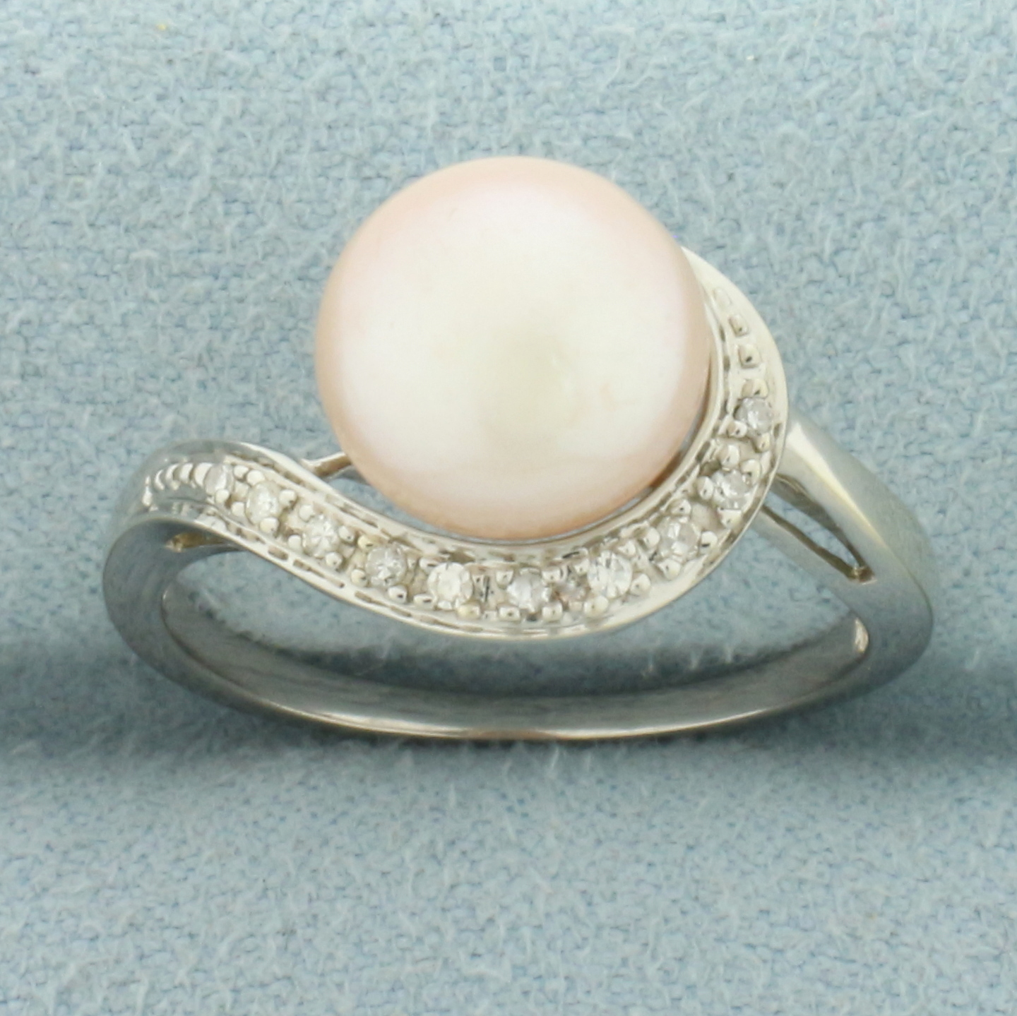 Pink Cultured Button Pearl and Diamond Ring in 10k White Gold ...