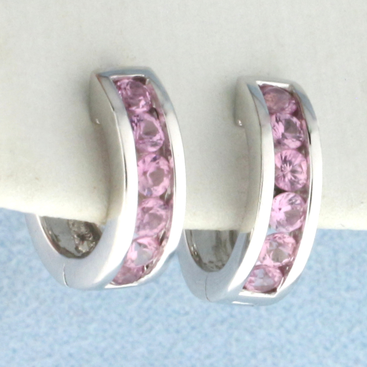Pink Sapphire Huggie Hoop Earrings in 14k White Gold