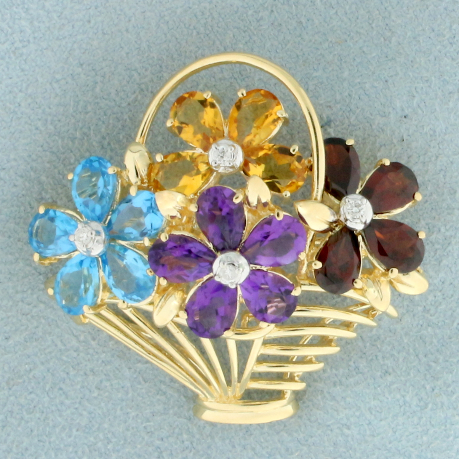 Rainbow Gemstone and Diamond Flower Basket Brooch in 14K Yellow Gold