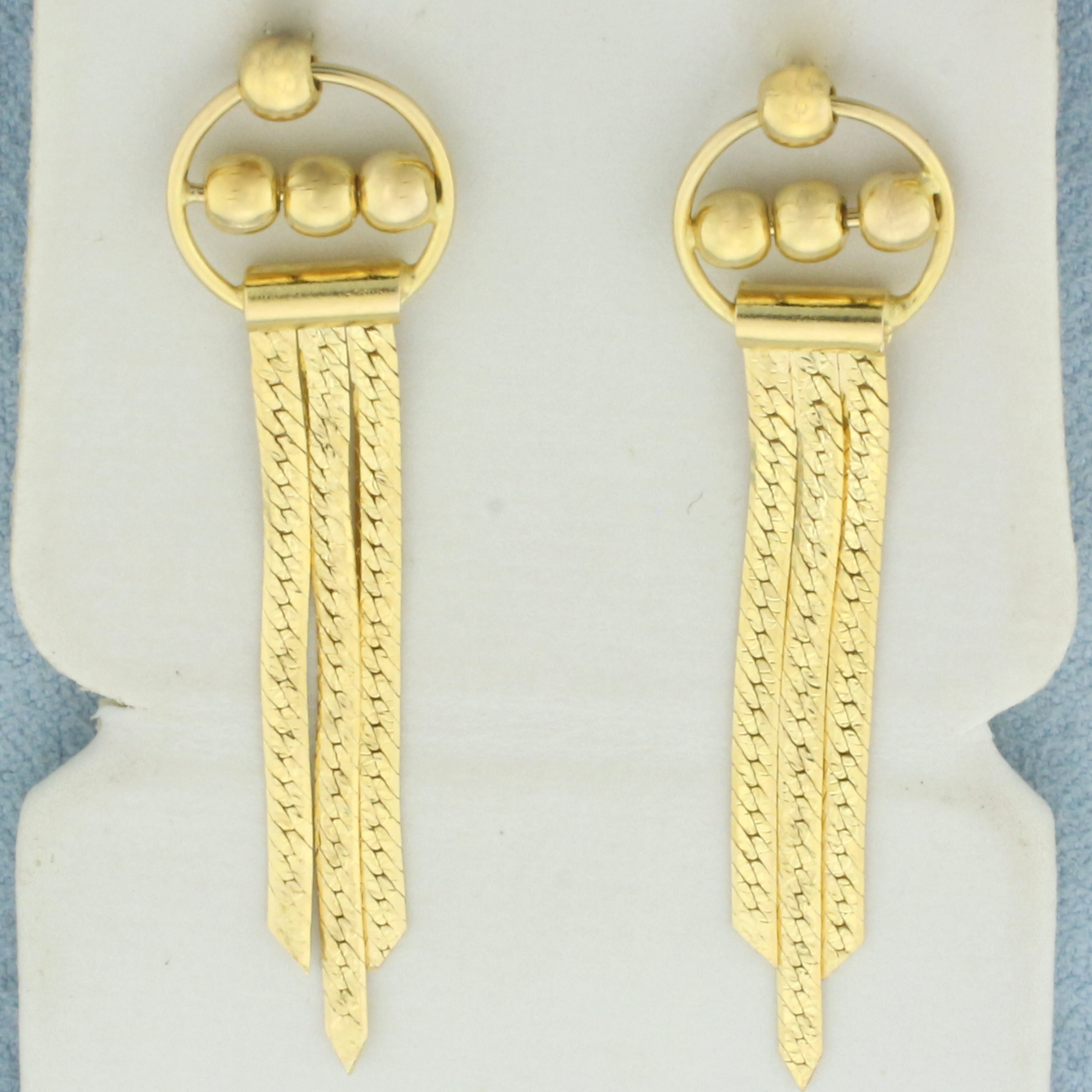 Reversable Herringbone Ball Bead Dangle Earrings in 14k Yellow Gold