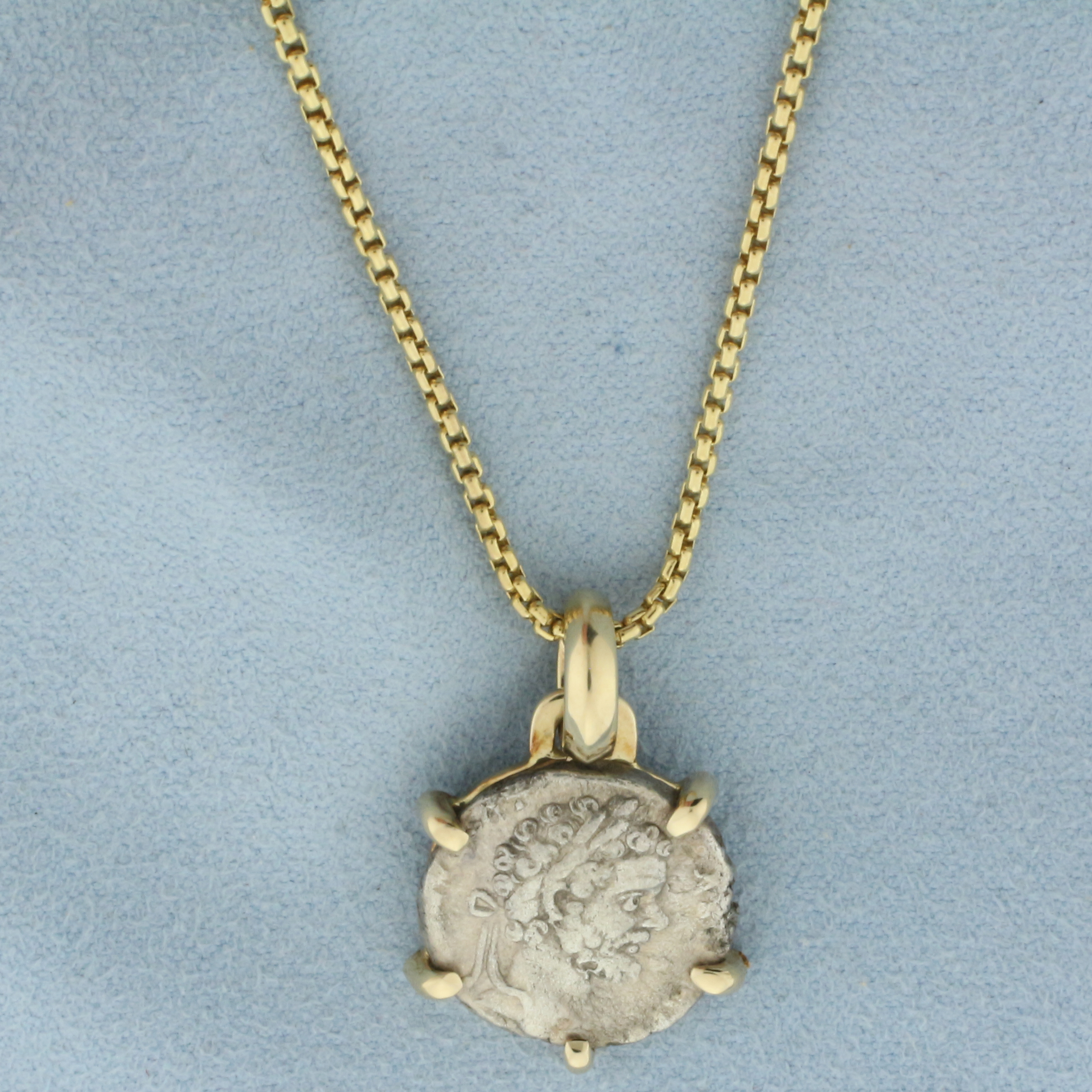 Roman Empire Silver Denarius Coin Necklace in 14k Yellow Gold