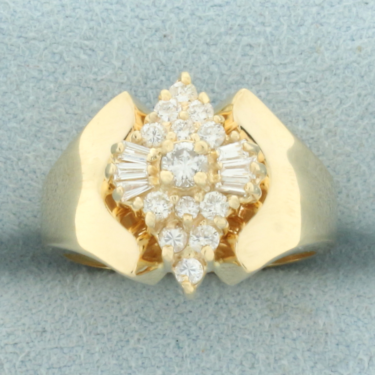 Round and Baguette Diamond Cocktail Ring in 14k Yellow Gold