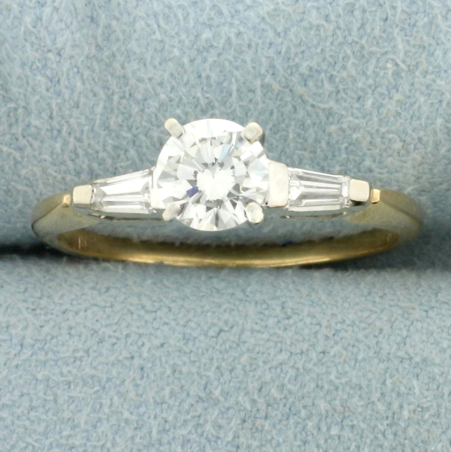 Round and Baguette Diamond Engagement Ring in 14K Yellow and White Gold