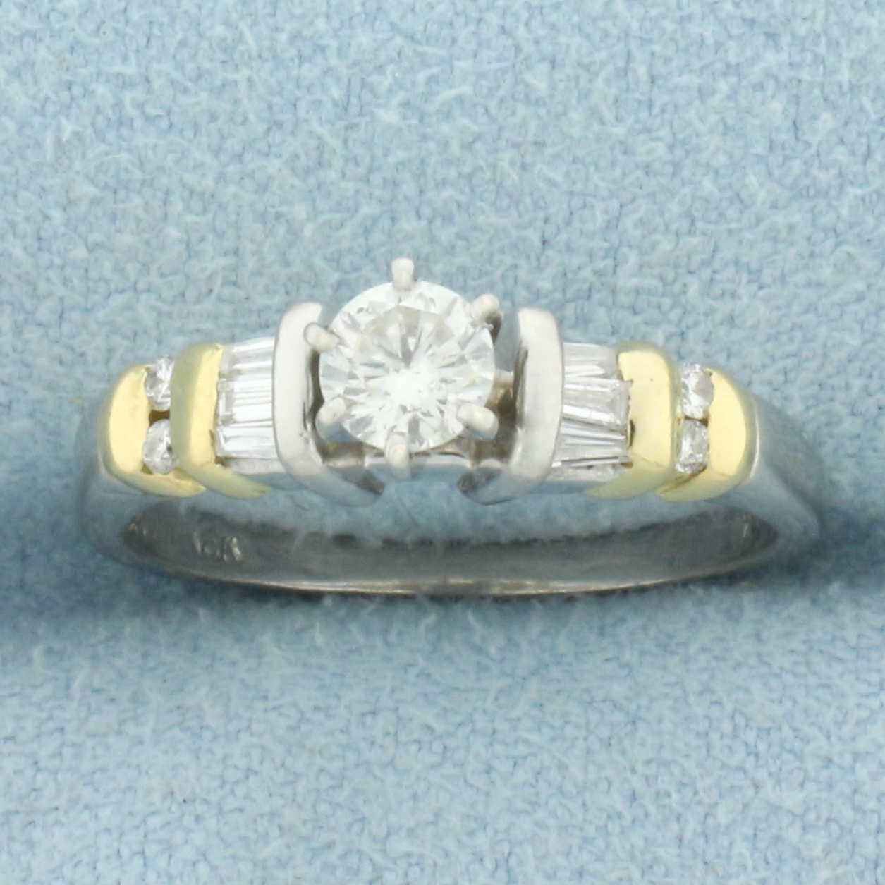 Round and Baguette Diamond Engagement Ring in 14k Yellow and White Gold