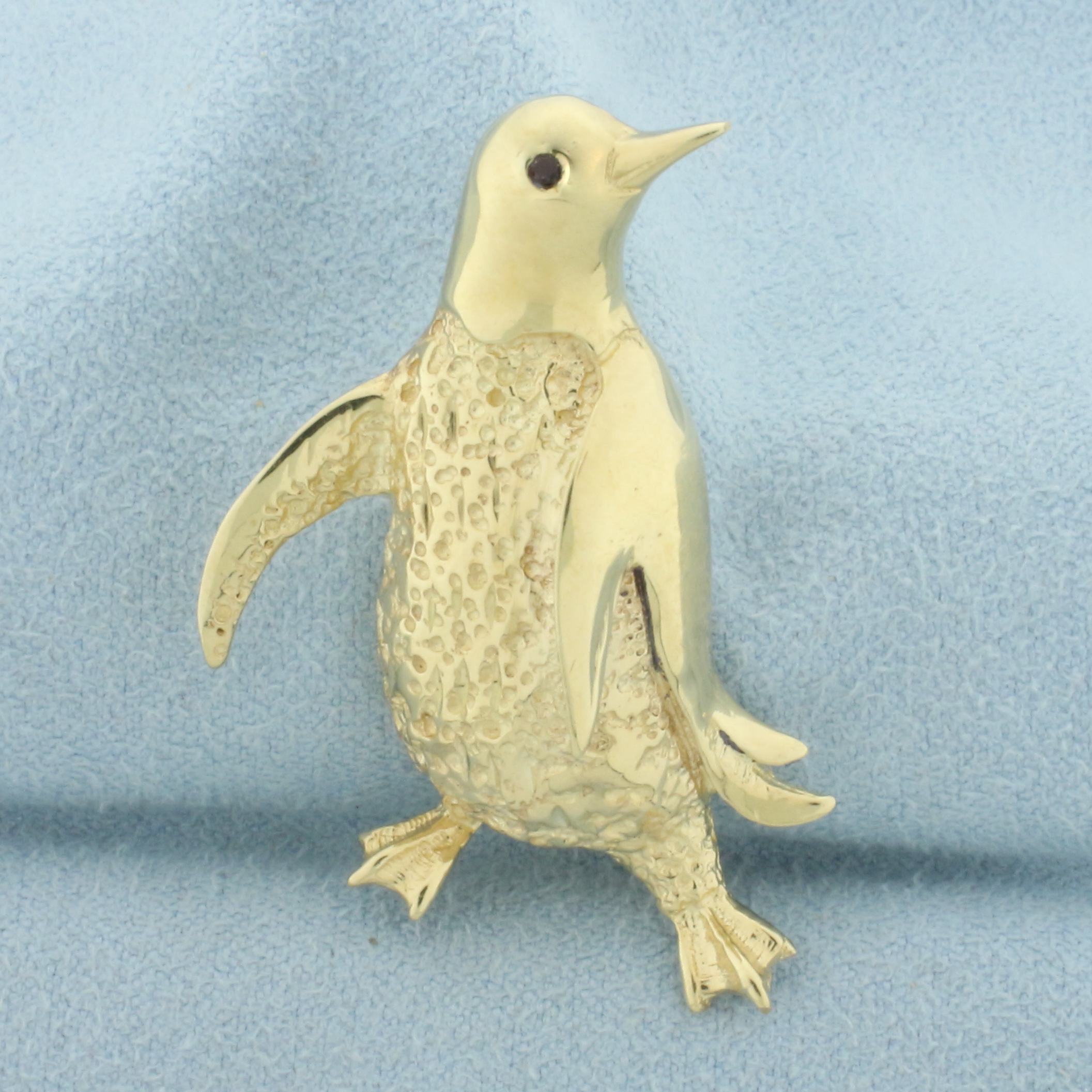 Ruby Dancing Penguin Pin in 14k Yellow Gold
