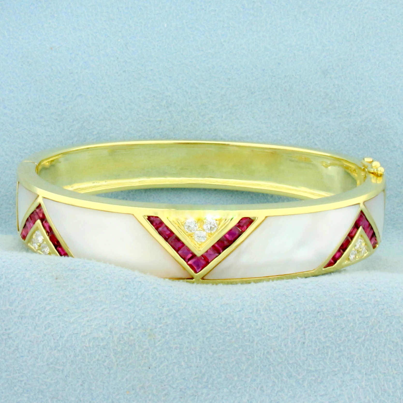 Ruby, Mother of Pearl and Diamond Bangle Bracelet in 18K Yellow Gold