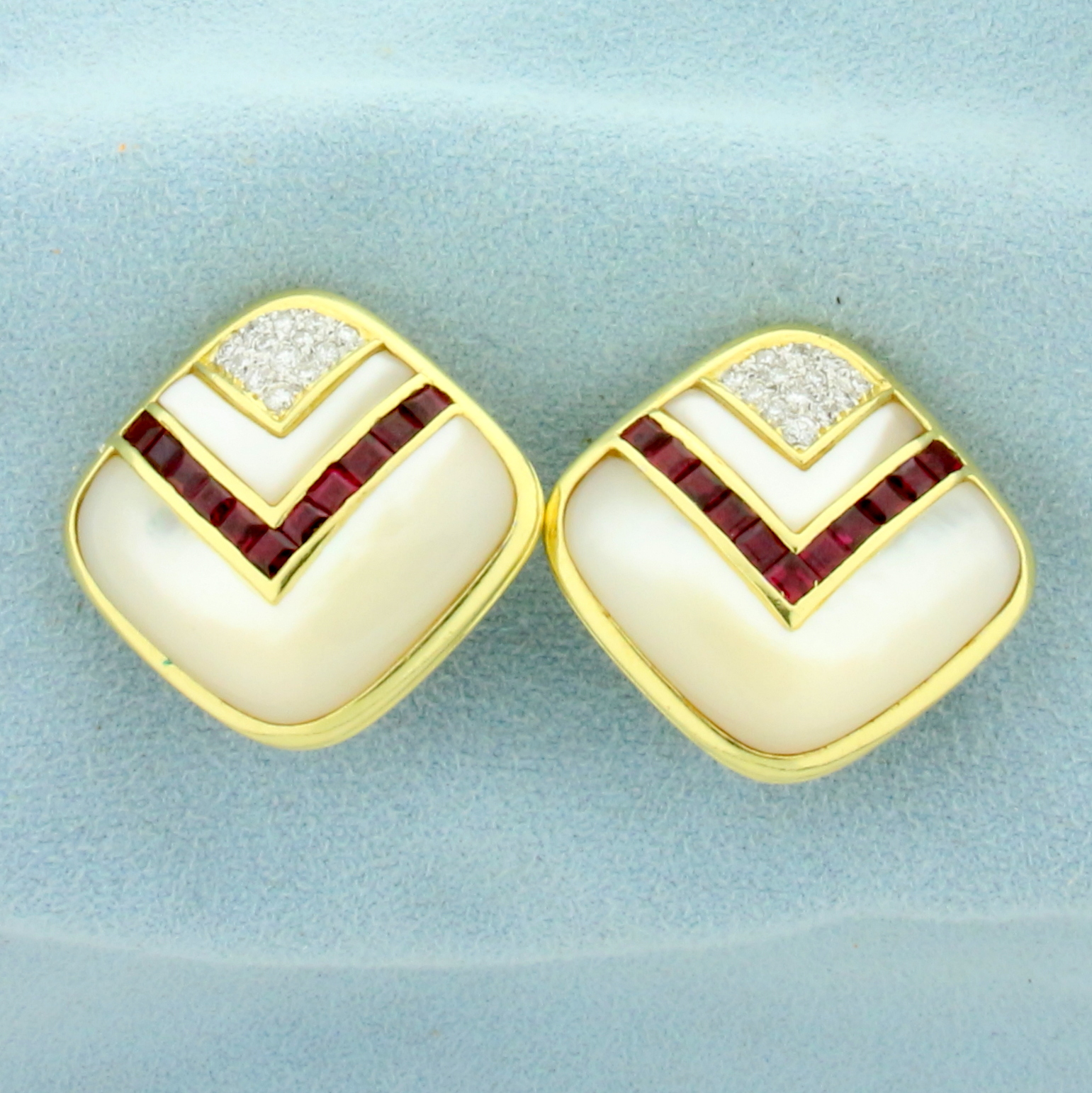 Ruby, Mother of Pearl and Diamond Clip On Earrings for Non Pierced Ears in 14K Yellow Gold
