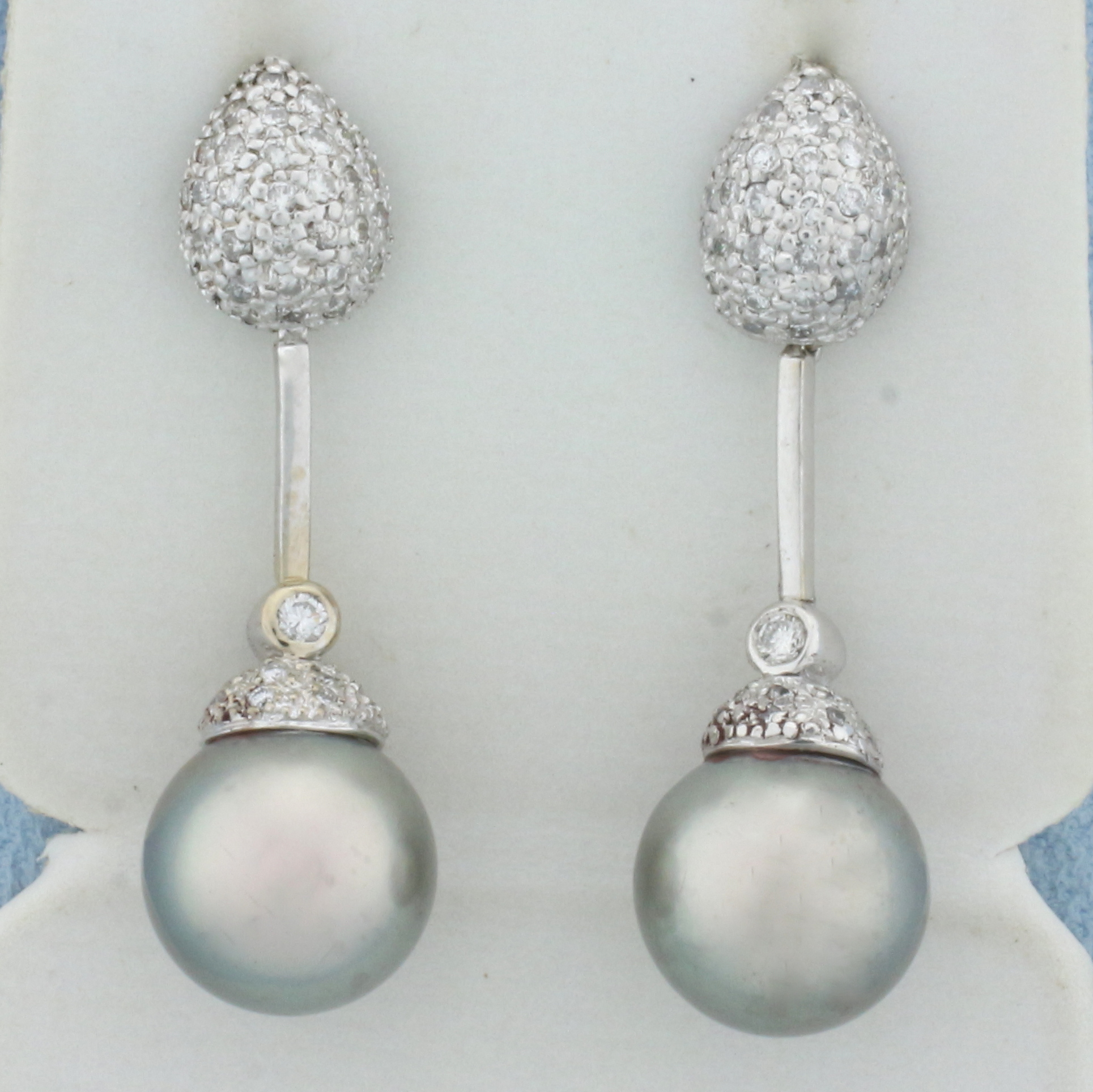 Tahitian Pearl and Pave Diamond Dangle Earrings in 18k White Gold
