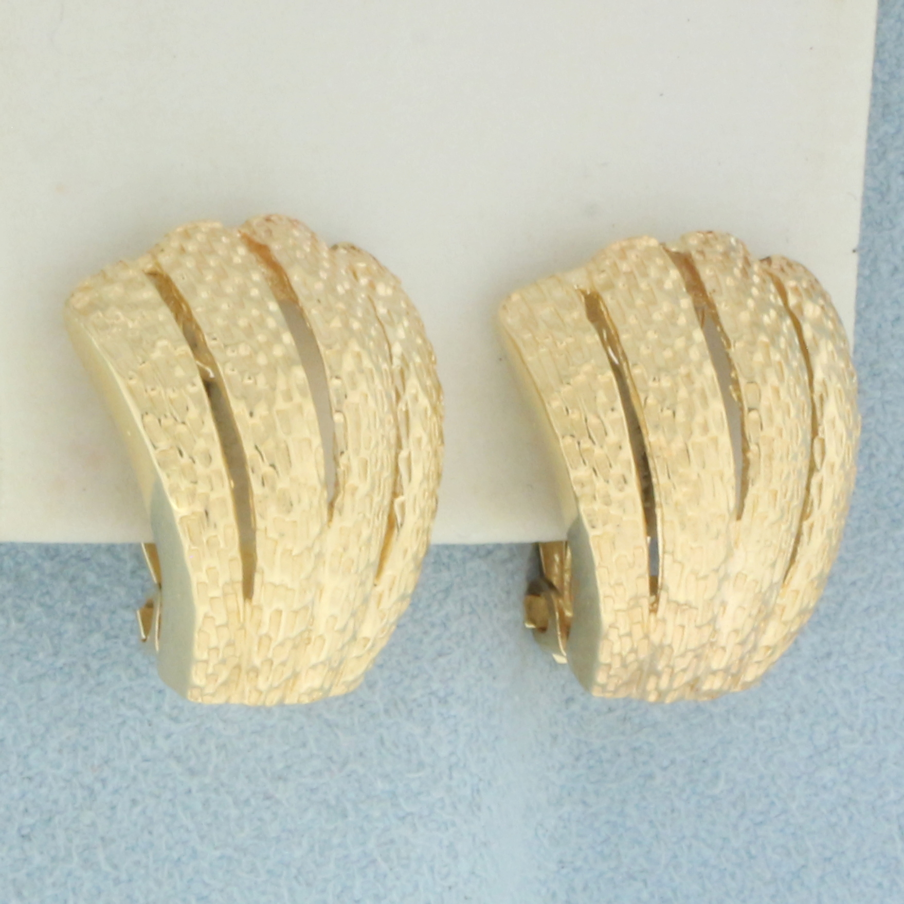 Textured Fan Design J Hoop Earrings in 14k Yellow Gold