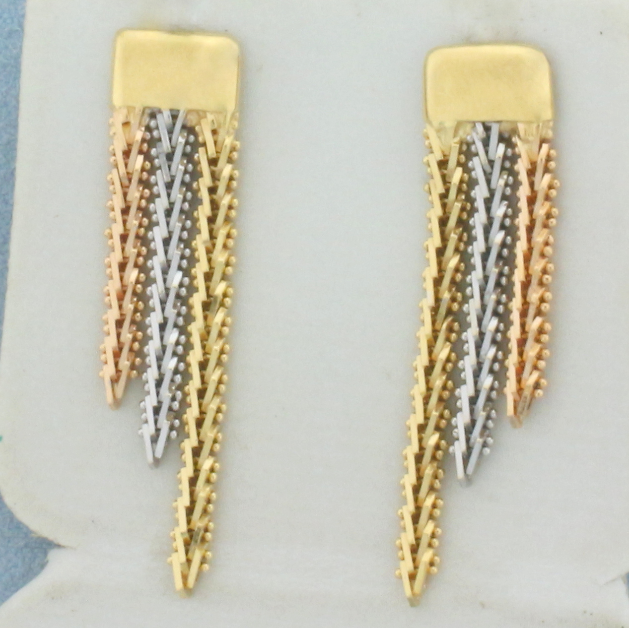 Tri-Color Chain Dangle Earrings in 18k Yellow, Rose, and White Gold