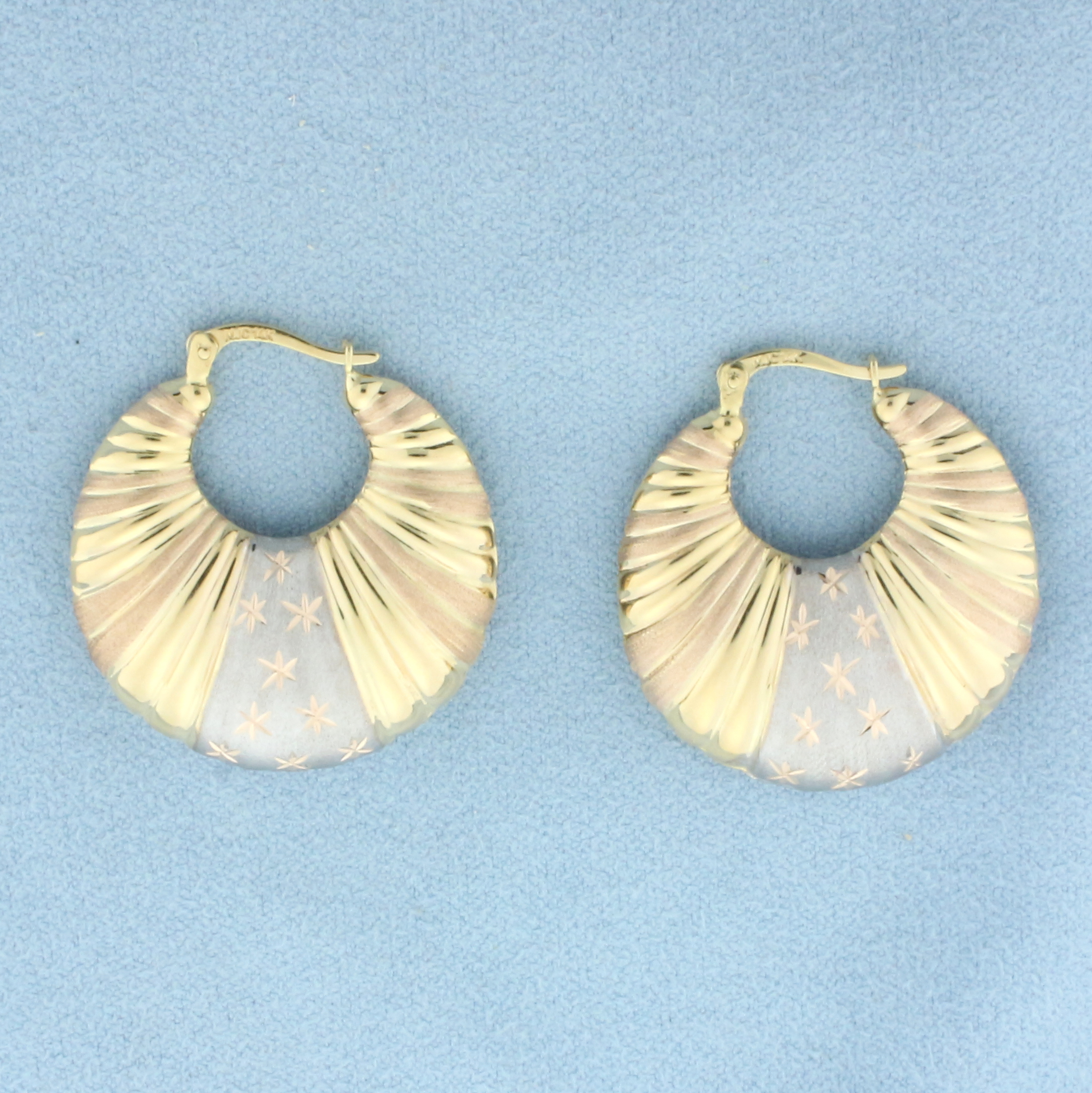 Tri-Color Star Design Hoop Earrings in 14k Yellow, White, and Rose Gold