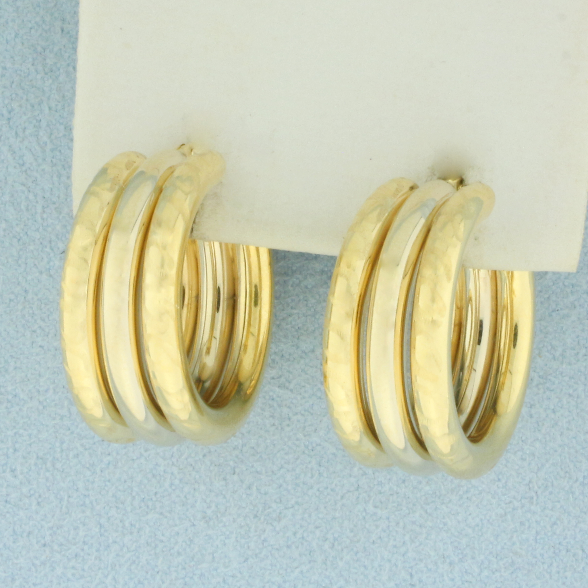 Triple Hoop Etched Design Earrings in 18k Yellow Gold