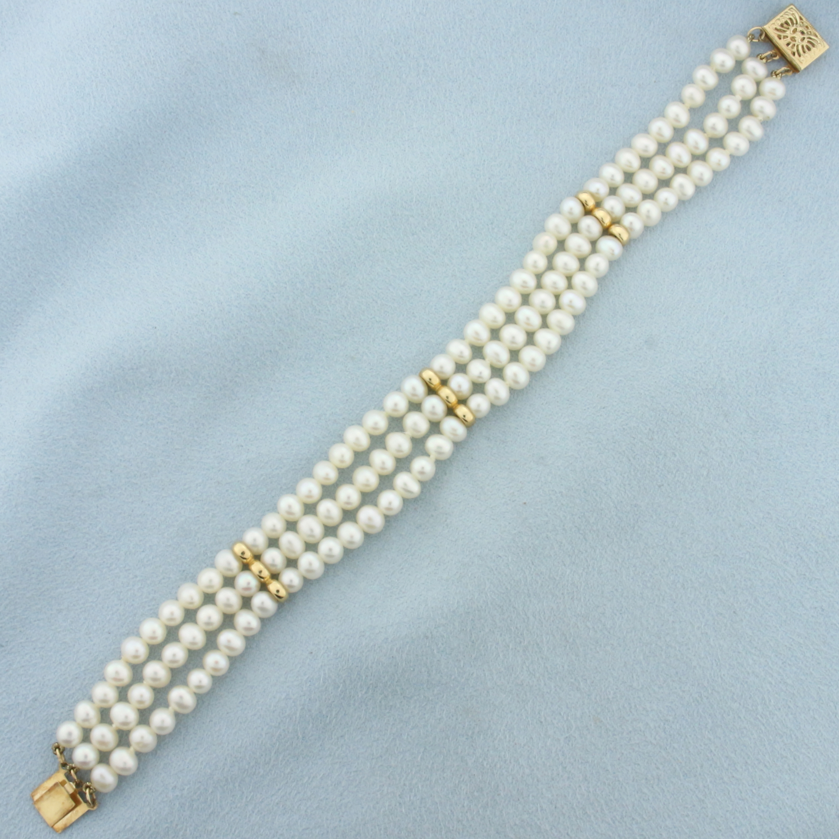 Triple Strand Cultured Pearl Bracelet in 14k Yellow Gold