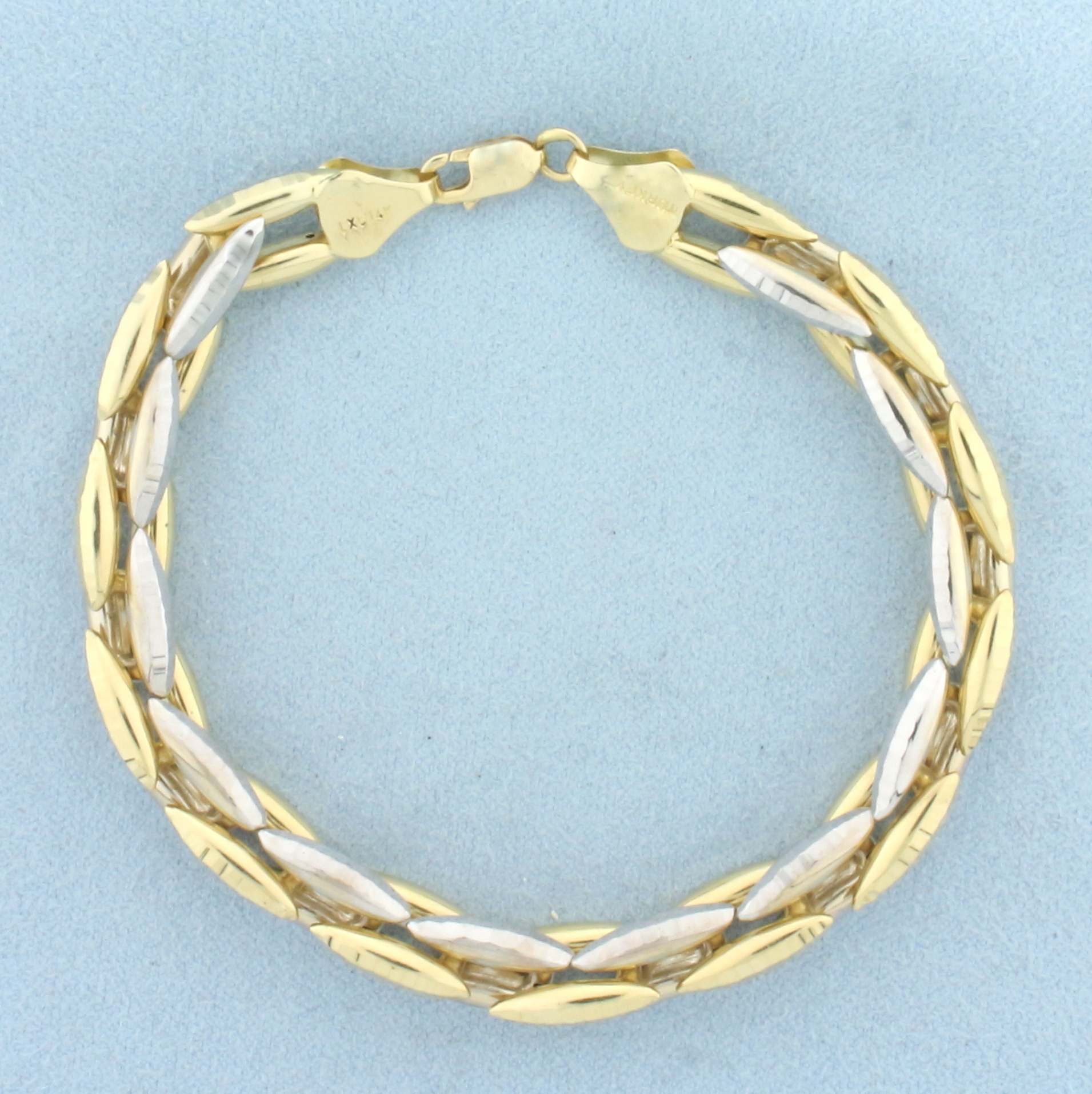 Two Tone Diamond Cut Desinger Link Sparkle Bracelet in 14K Yellow and White Gold