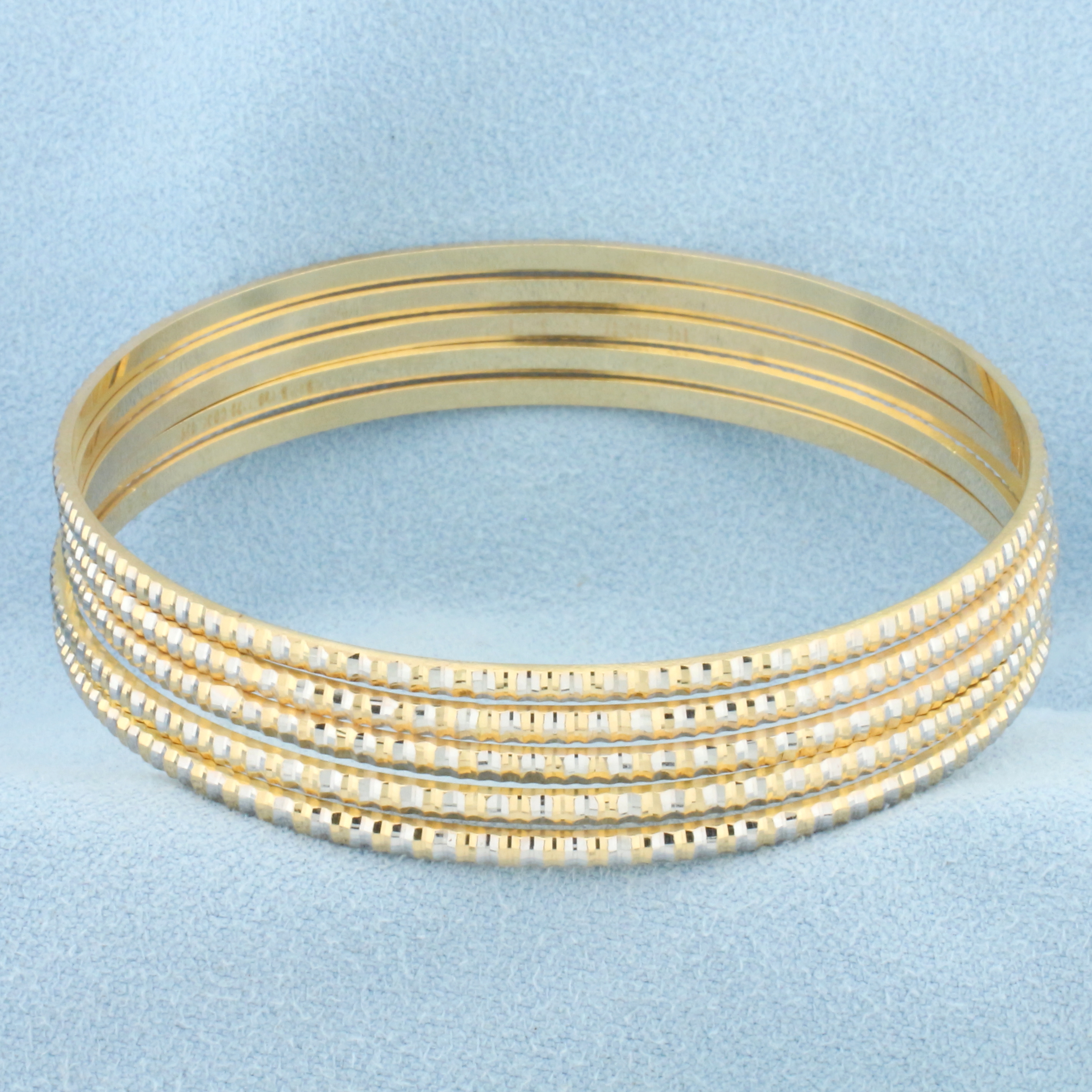 Two Tone Stacking Bangle Bracelets Set of 5 in 18k Yellow & White Gold