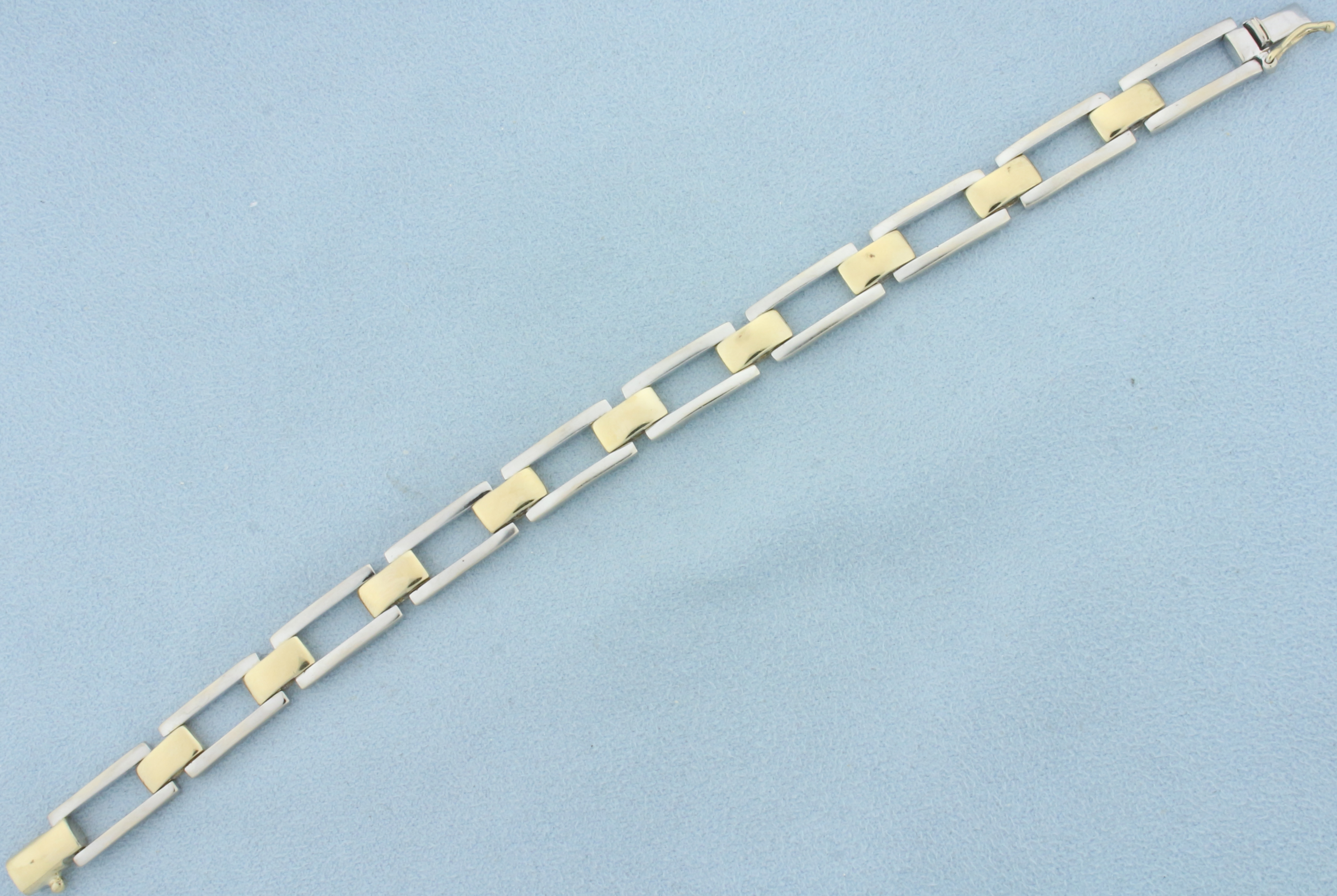 Two Tone Tank Tread Link Bracelet in 14k Yellow and White Gold