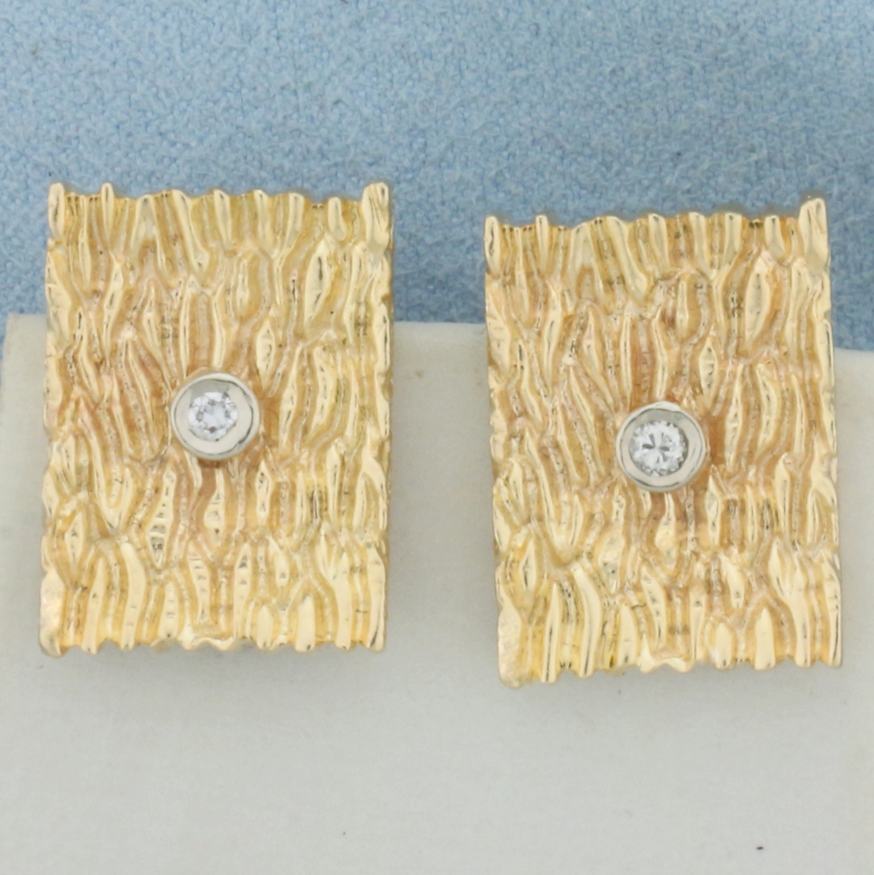 Unique Wood Grain Design Diamond Earrings in 14K Yellow Gold