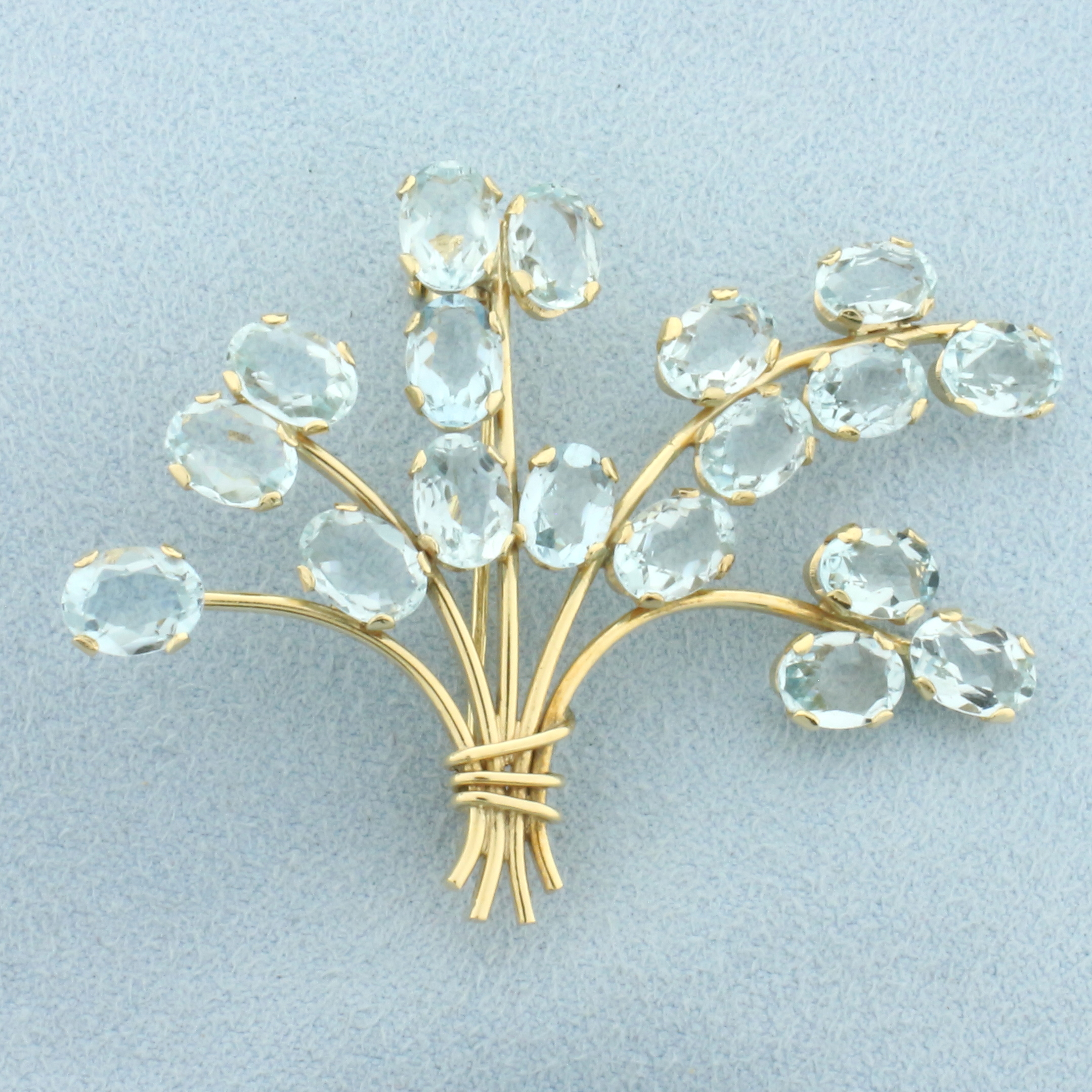Vintage Aquamarine Flower Bouquet Brooch Pin in 18k Yellow Gold