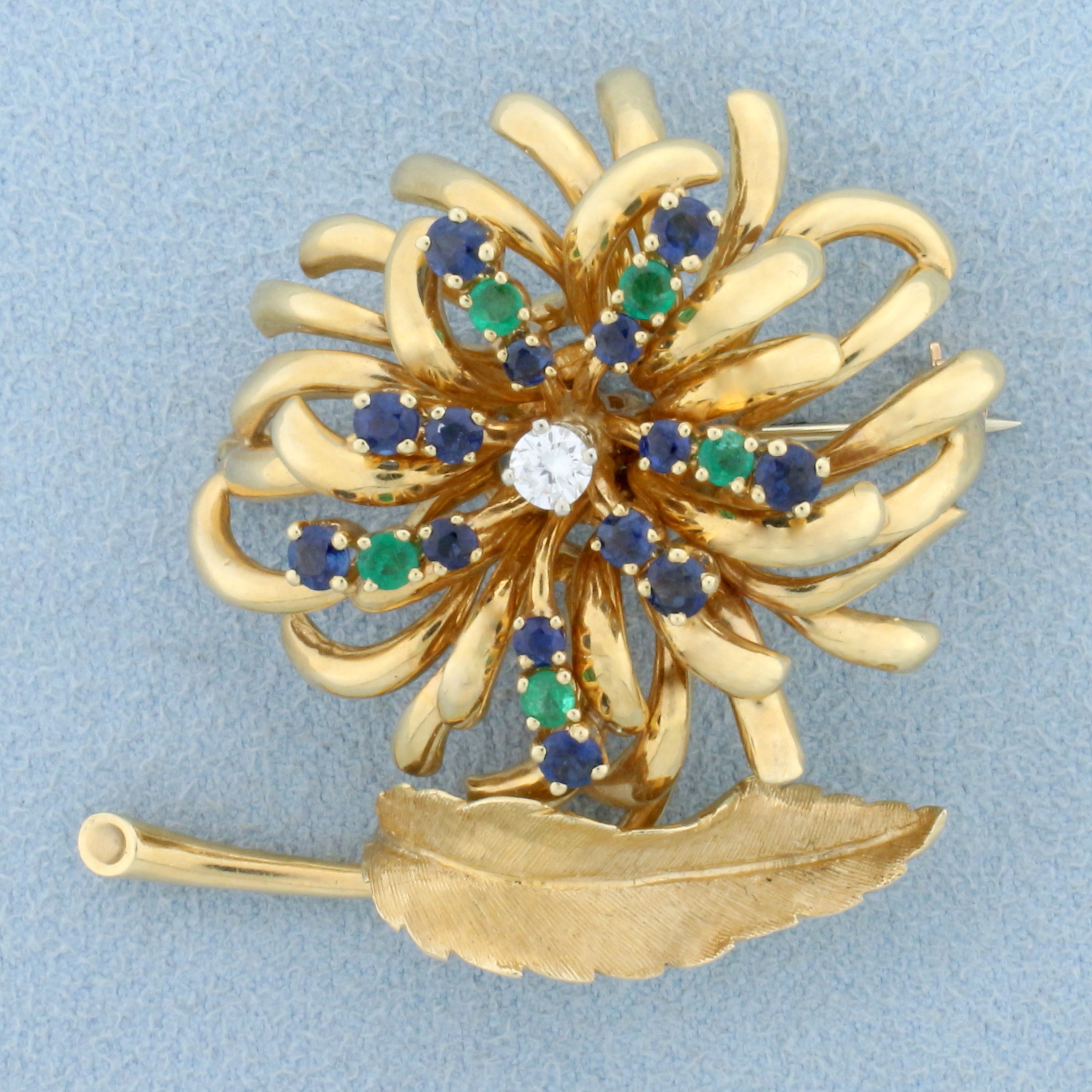 Vintage Designer Dan Frere Emerald, Sapphire, and Diamond Feather and Flower Design Pin Brooch in 14k Yellow Gold