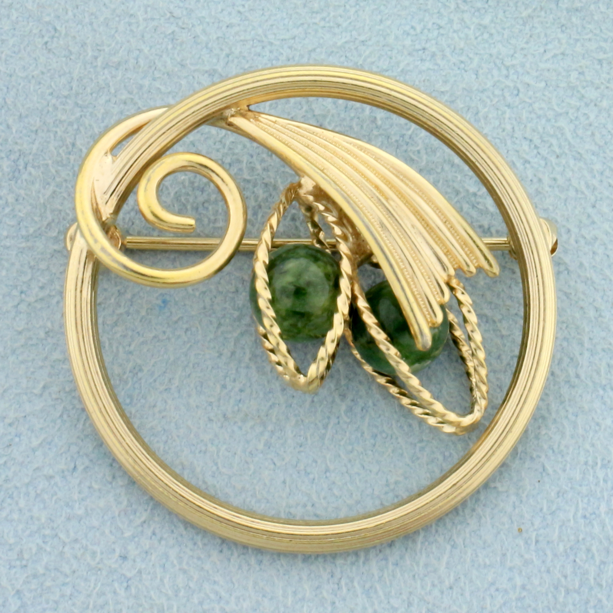 Vintage Designer Jade Pin in 14K Yellow Gold