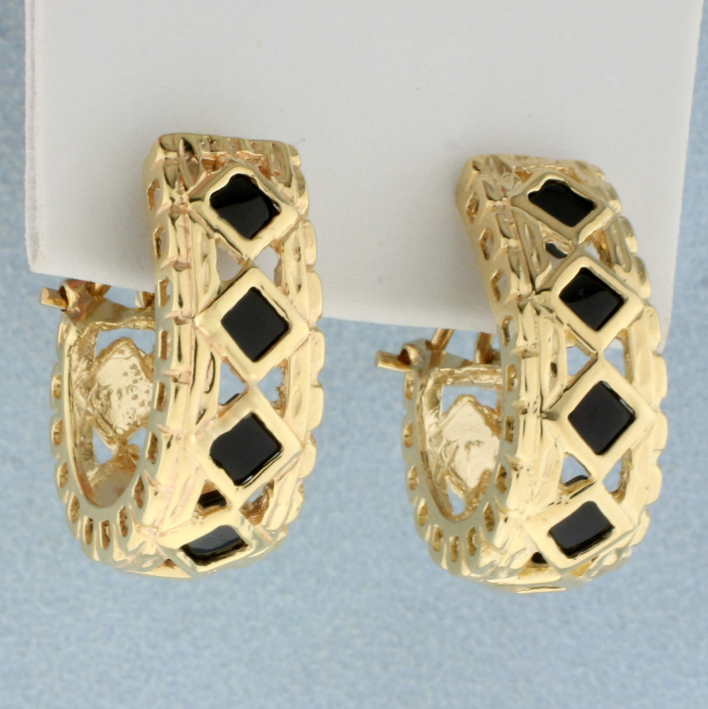Vintage Designer Onyx J Hoop Earrings in 14K Yellow Gold
