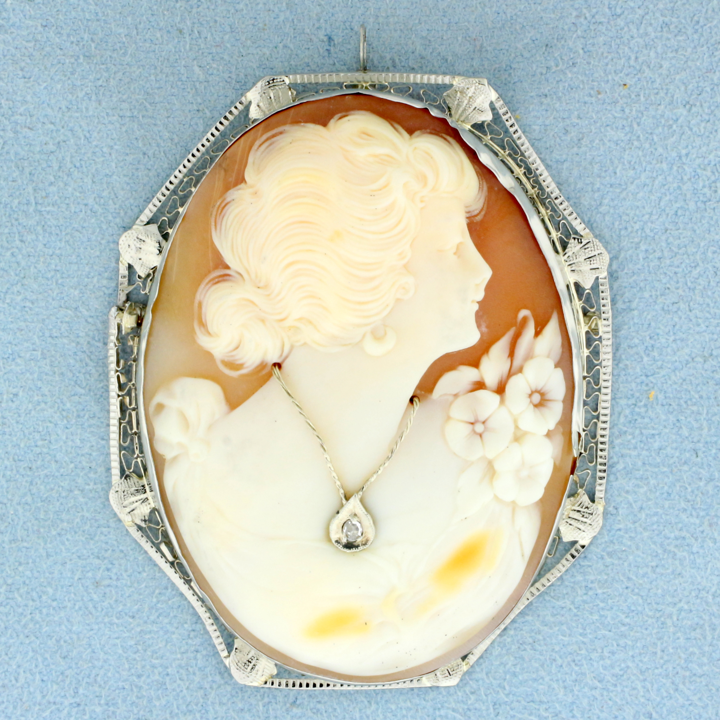 Vintage Diamond Filigree Cameo Pendant In 14K White Gold