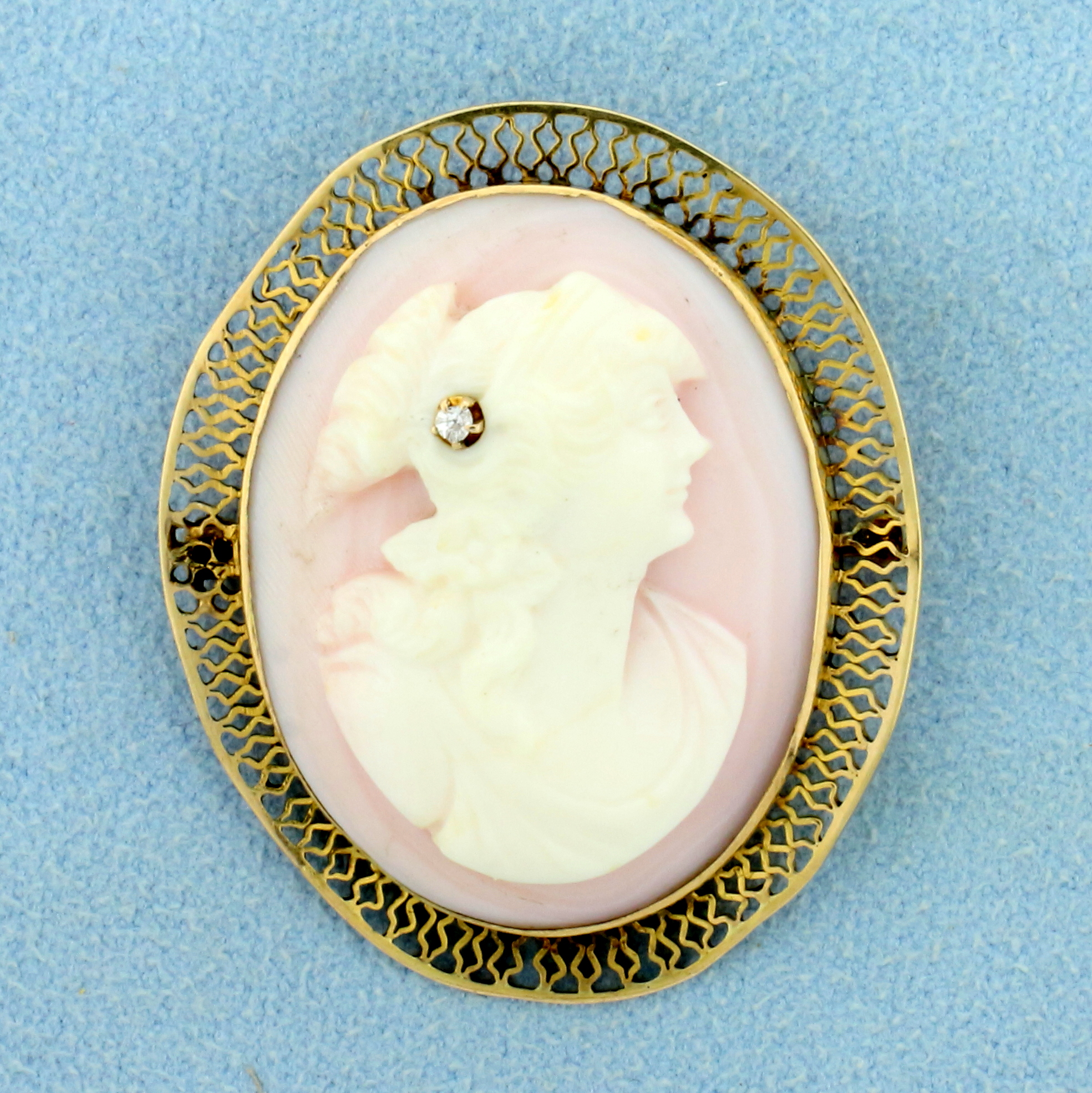 Vintage Diamond Hand Carved Shell Cameo Pin in 10K Yellow Gold