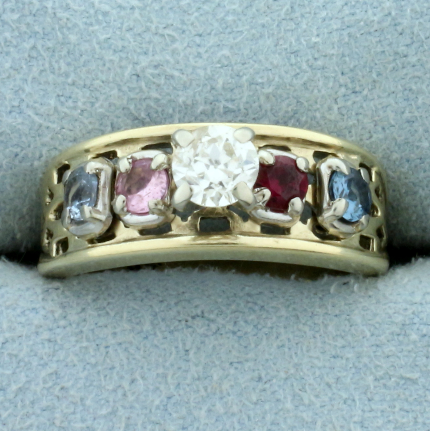 Vintage Diamond, Ruby, Sapphire, and Topaz Ring in 10K Yellow Gold