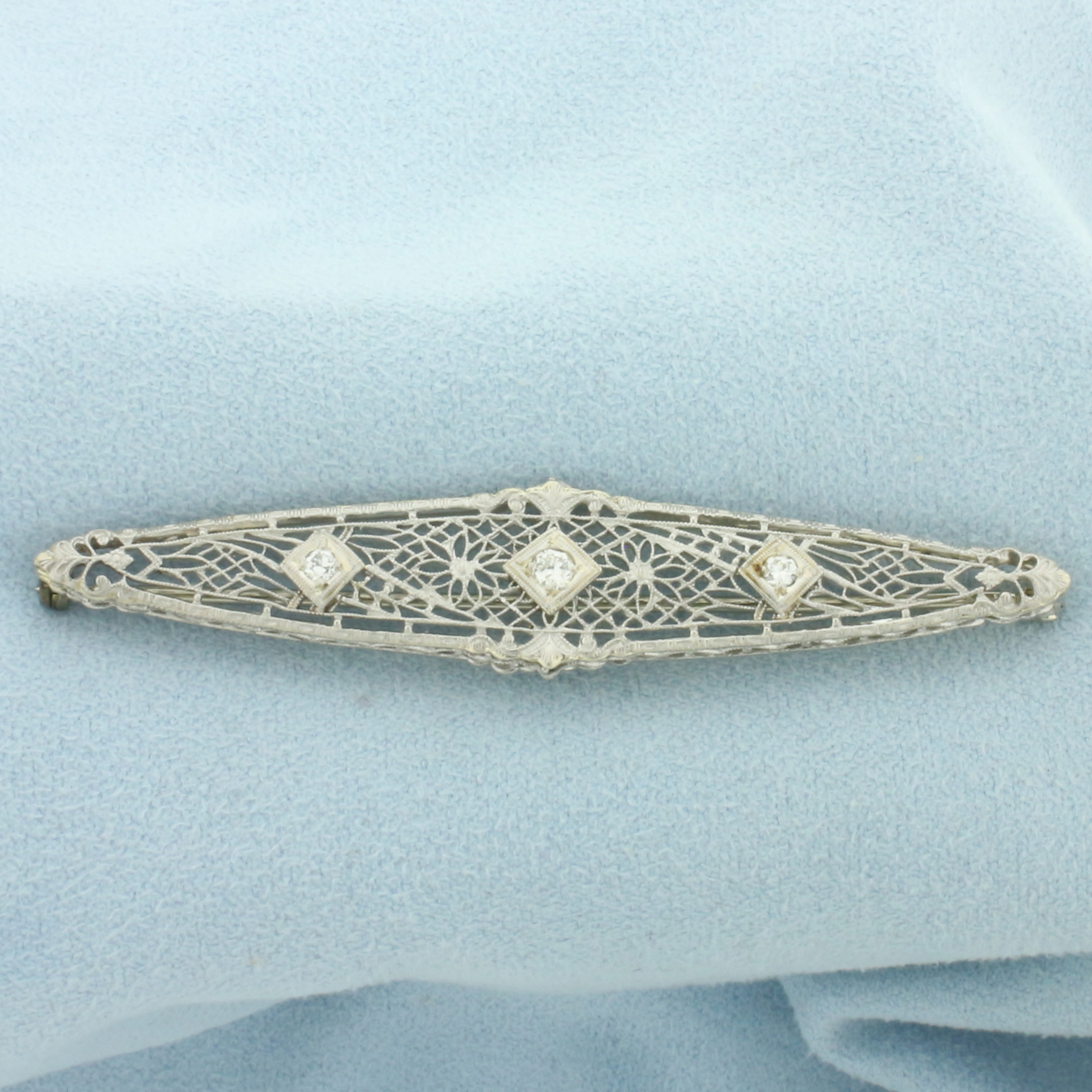 Vintage Filigree Diamond Pin in 14k White Gold