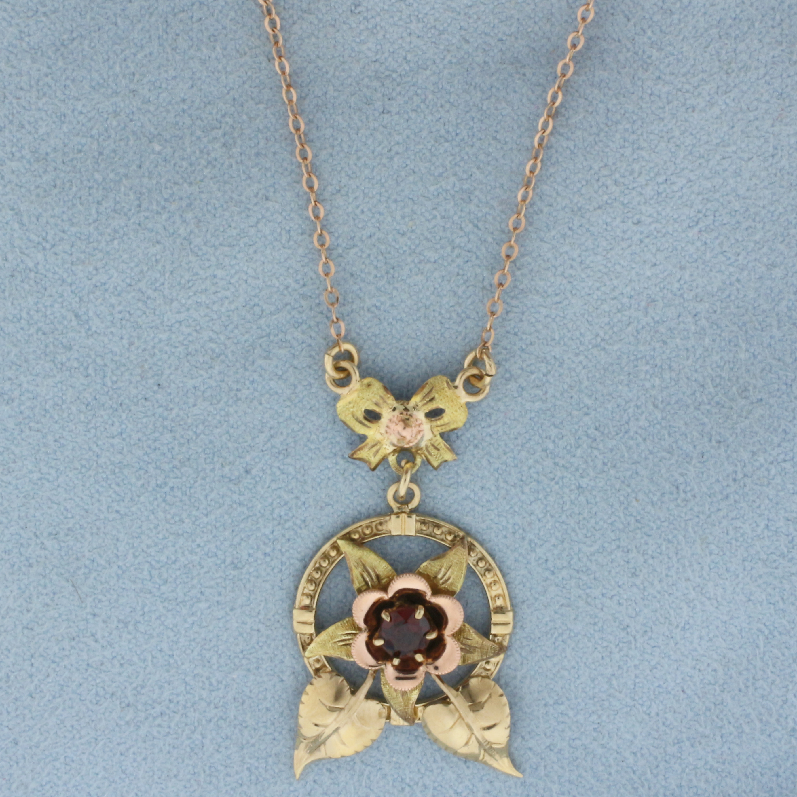 Vintage Lavalier Garnet Flower Necklace In 14k and 10k Yellow Gold
