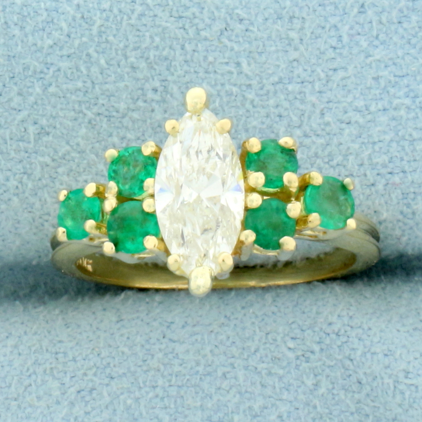 Vintage Marquise Diamond and Emerald Engagement Ring in 14K Yellow Gold ...