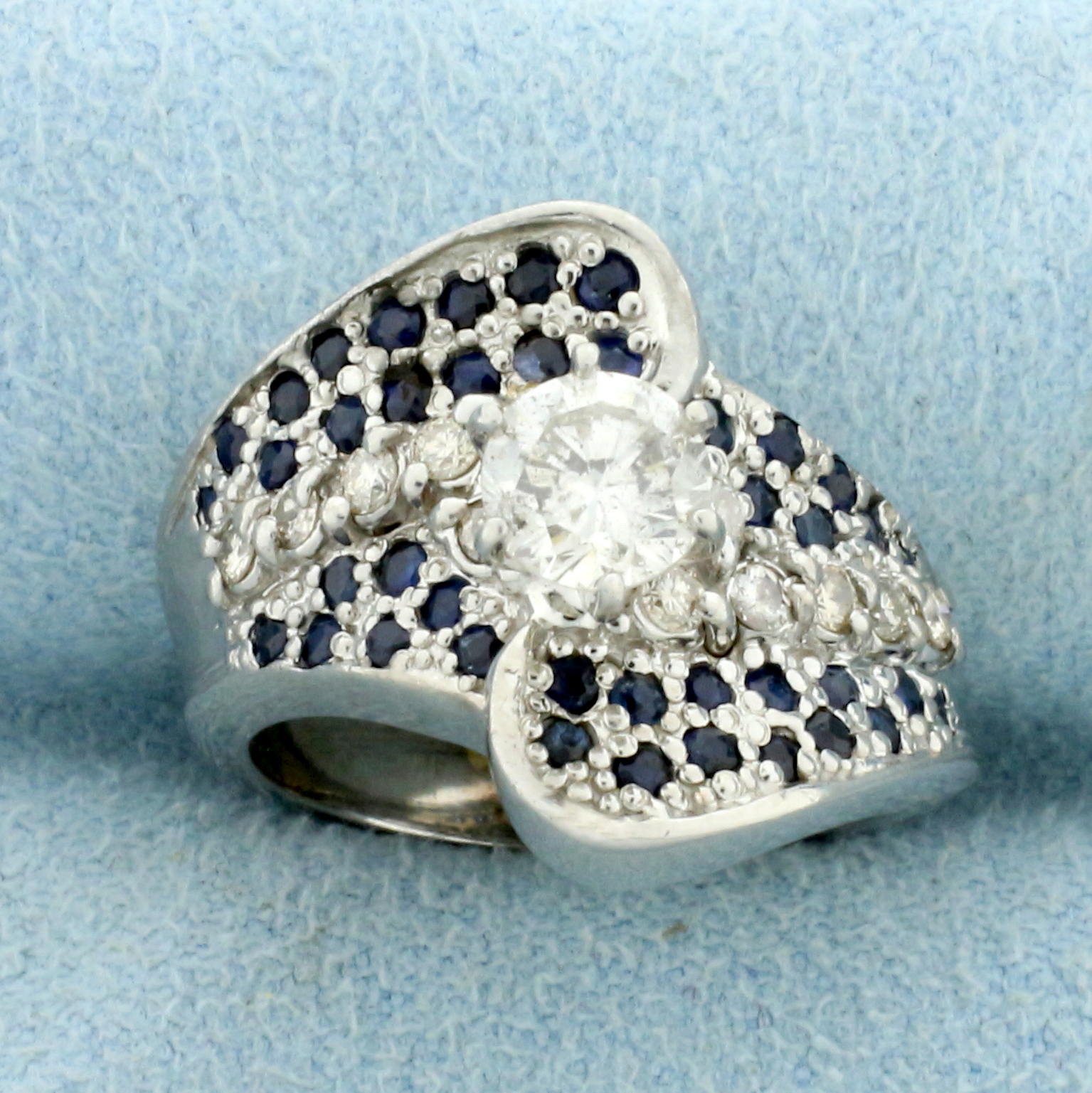 Vintage Natural Sapphire and Diamond Engagement Ring in 14k White Gold