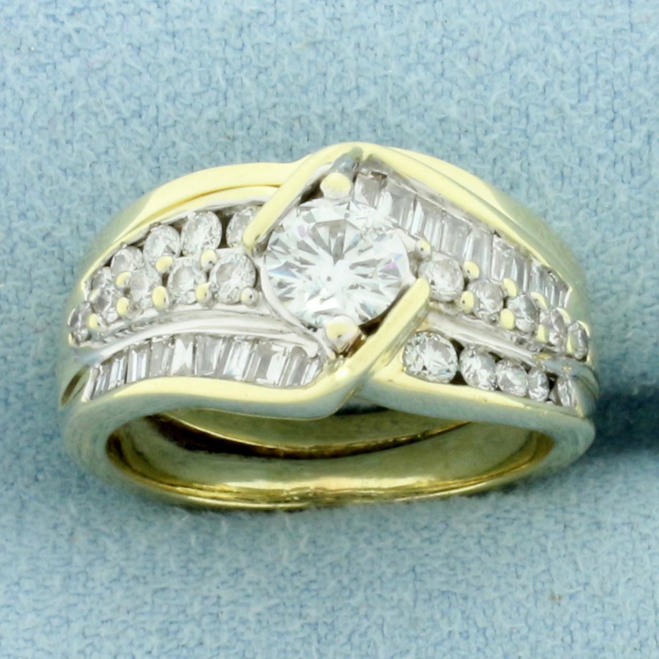 Vintage Round and Baguette Diamond Engagement Ring in 14k Yellow and White Gold