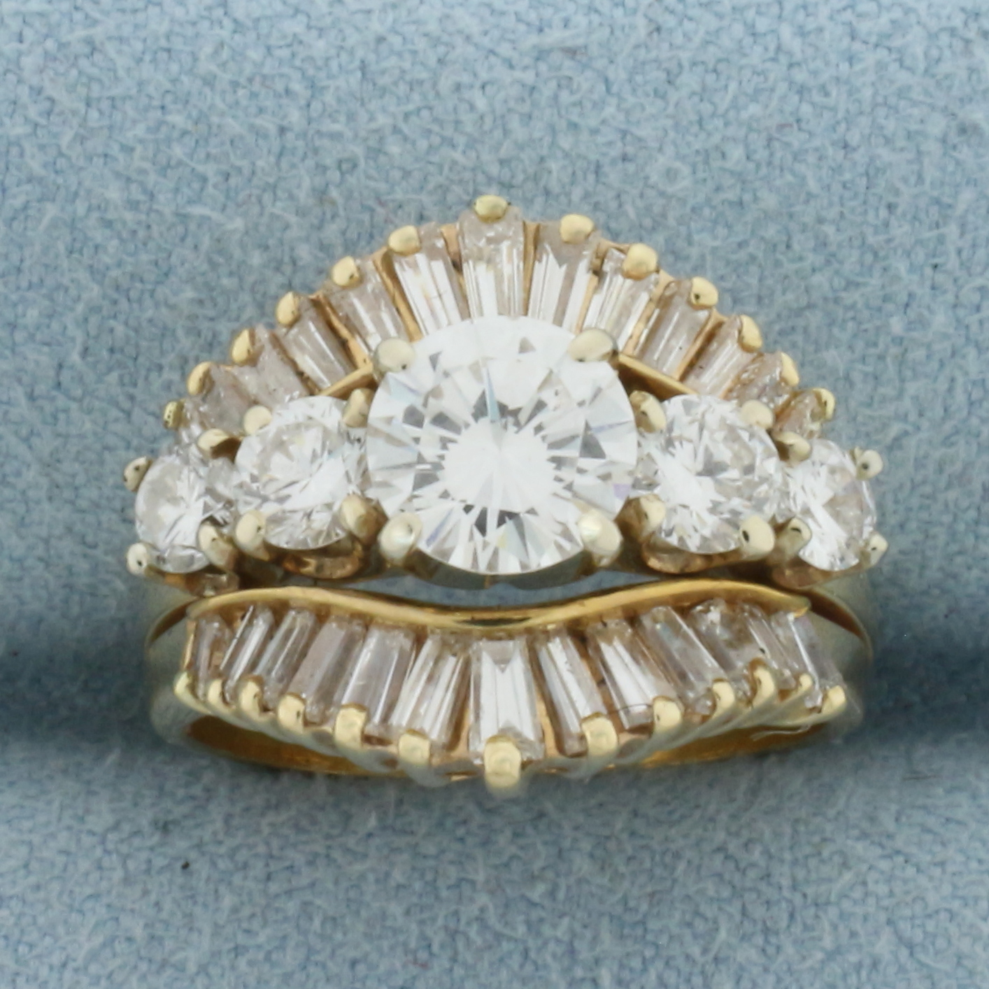 Vintage Round and Baguette Diamond Engagement Ring in 14k Yellow Gold