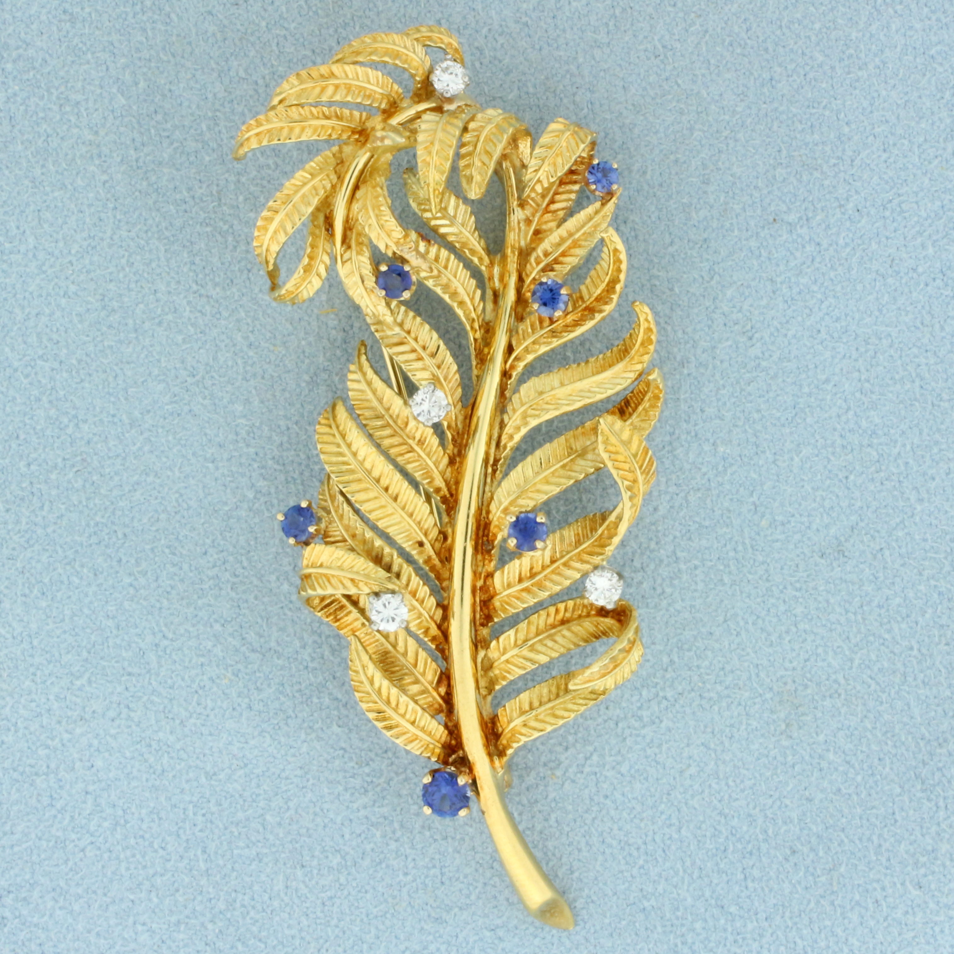 Vintage Sapphire and Diamond Feather Brooch in 18K Yellow Gold