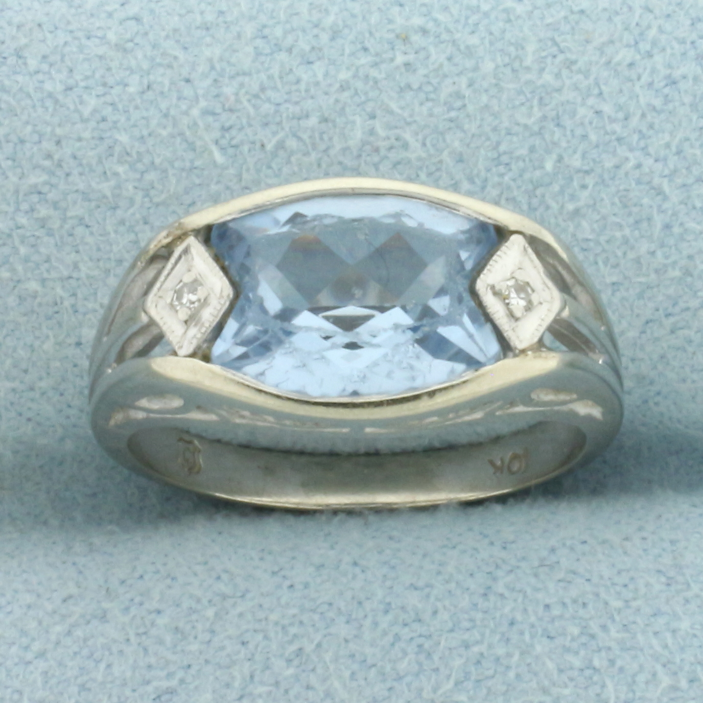 Vintage Sky Blue Topaz and Diamond Filigree Ring in 10k White Gold