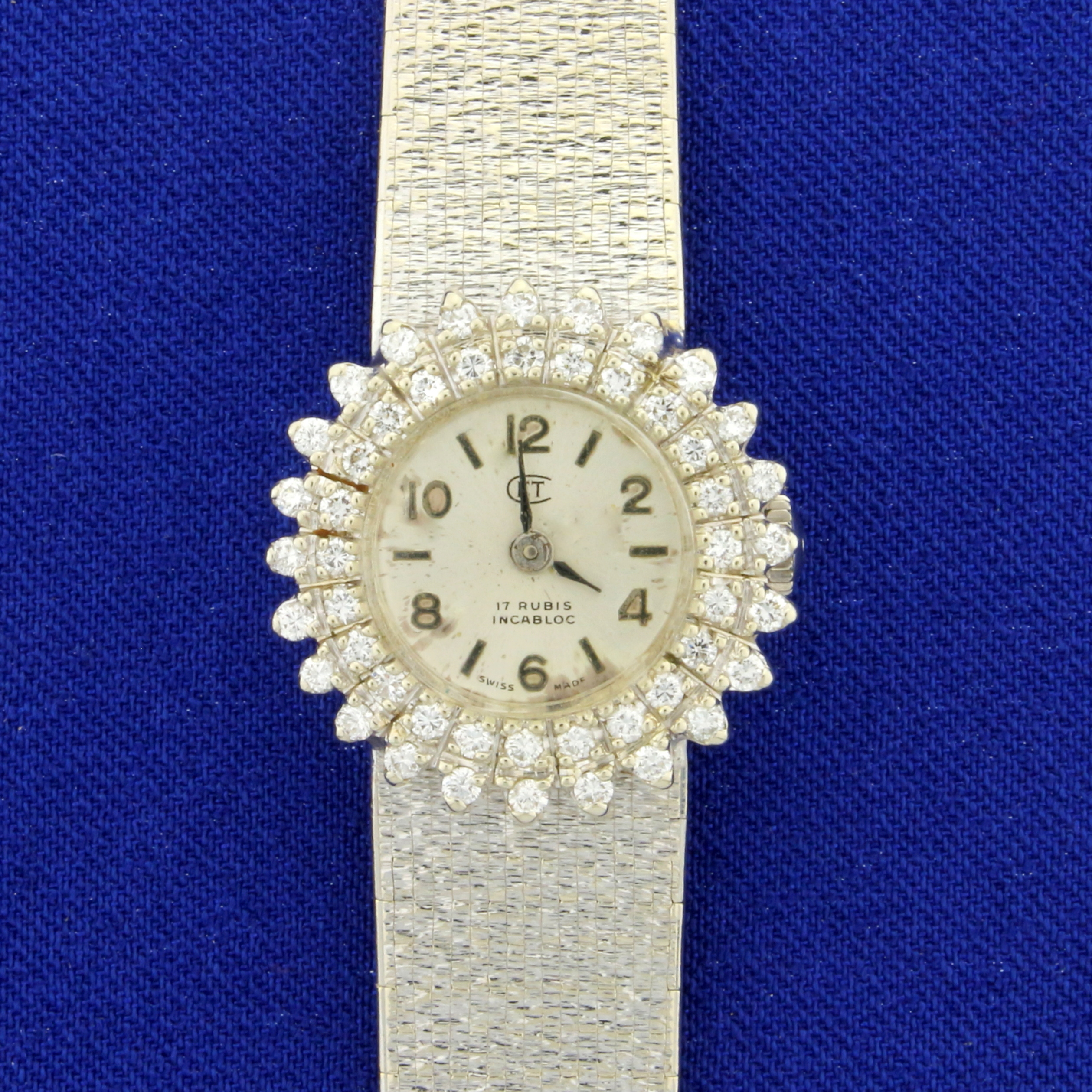 Vintage Womens 1960s Swiss Windup Diamond Watch in Solid 18k White Gold