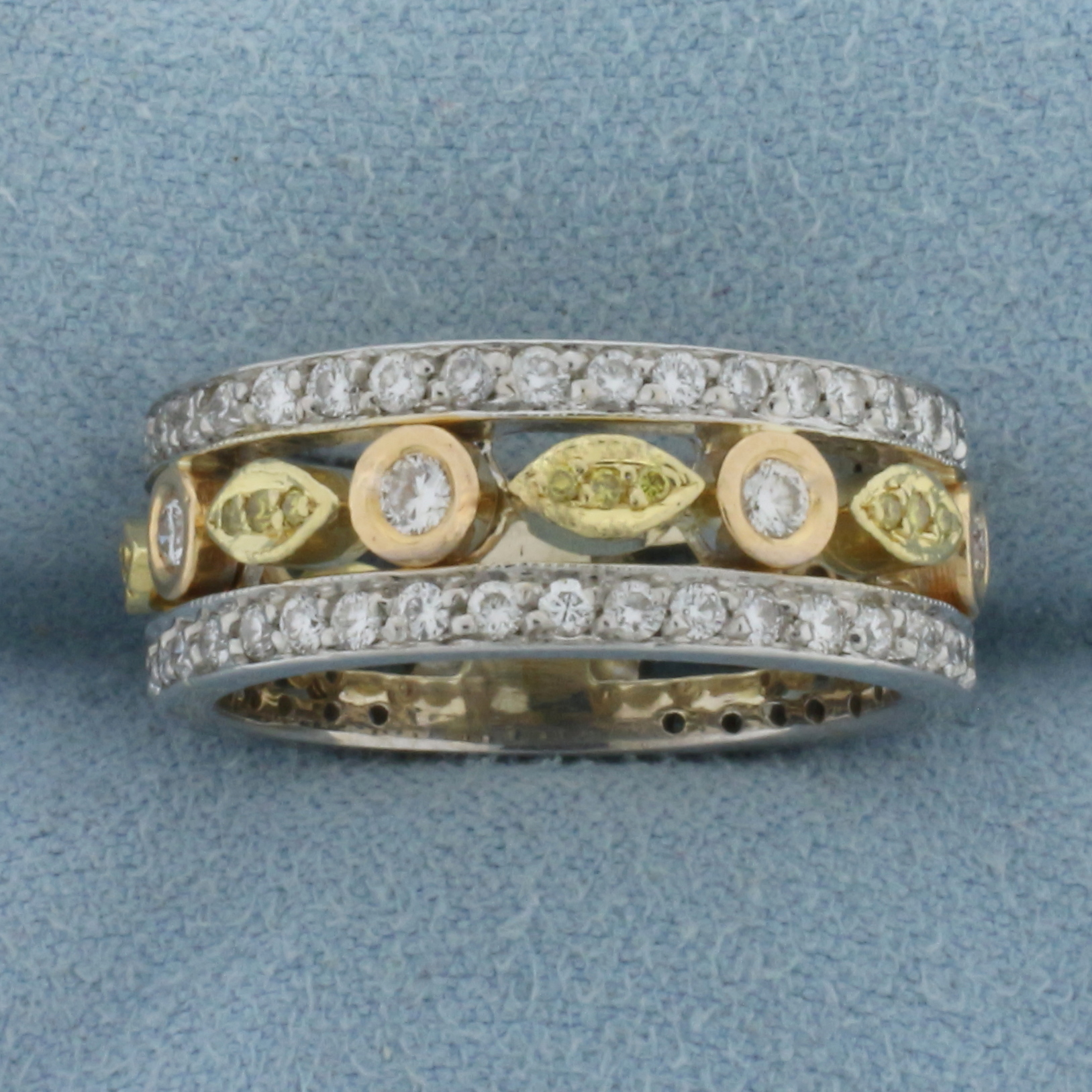 Wide Yellow and White Diamond Pave Band Ring in 18k White, Rose, and Yellow Gold