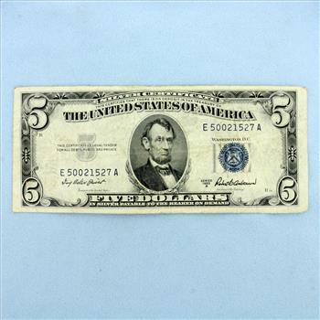 $5 Silver Certificate Blue Seal Federal Reserve Note Bill