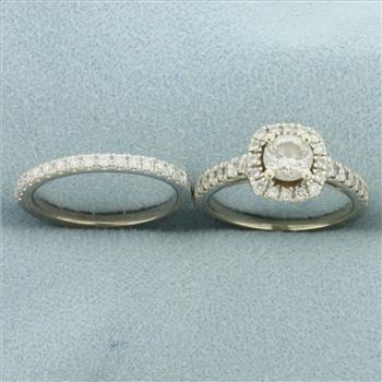 Diamond Halo Engagement and Wedding Band Ring Bridal Set in 14k White Gold
